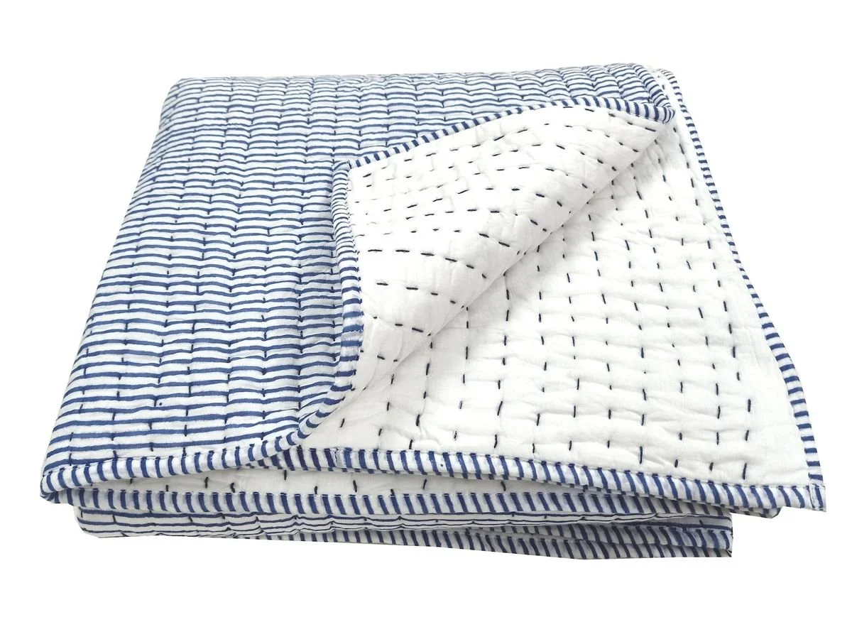 Reversible Blue Striped Block Print Cotton Kantha Quilt