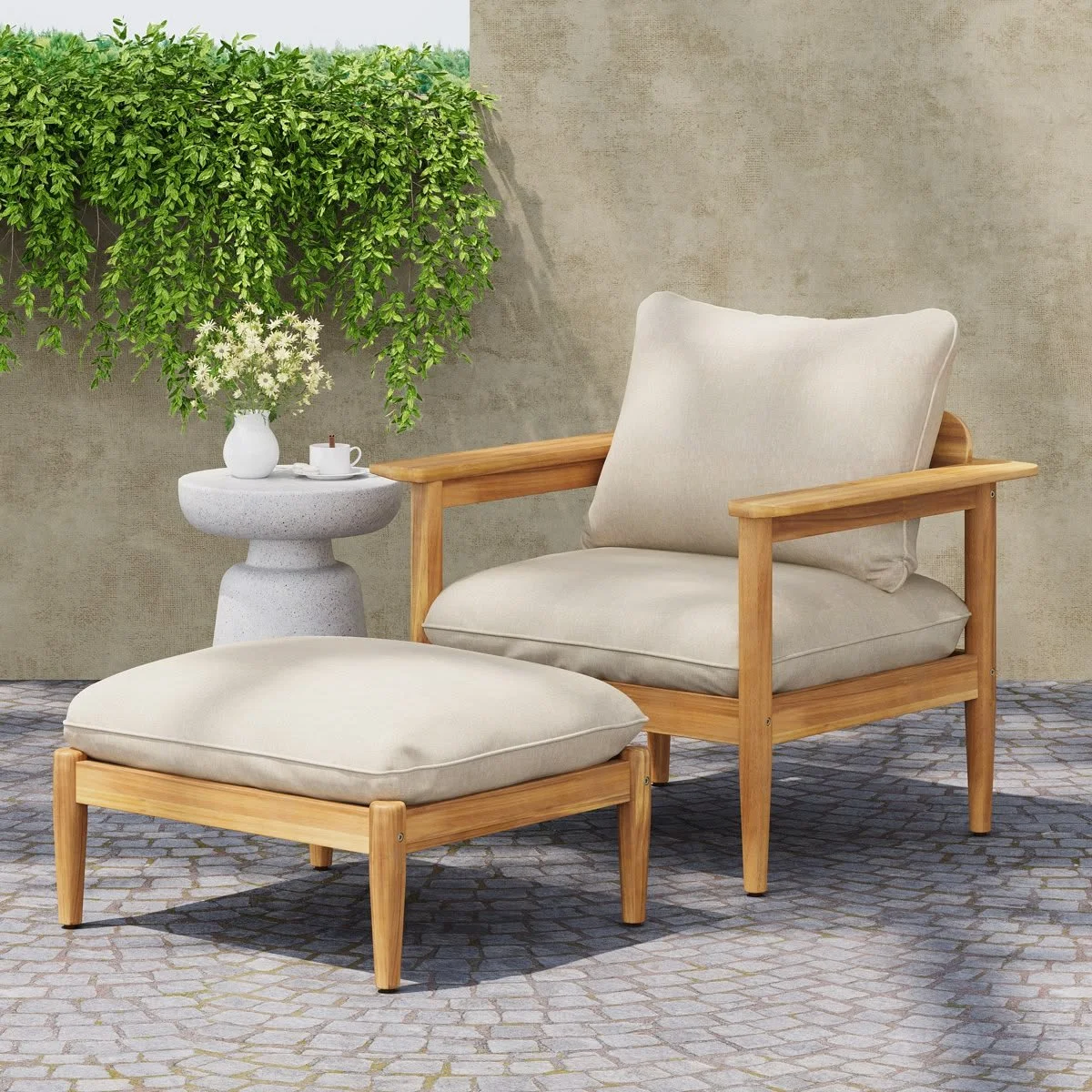 Jessenia Outdoor Acacia Wood Lounge Chair with Cushions