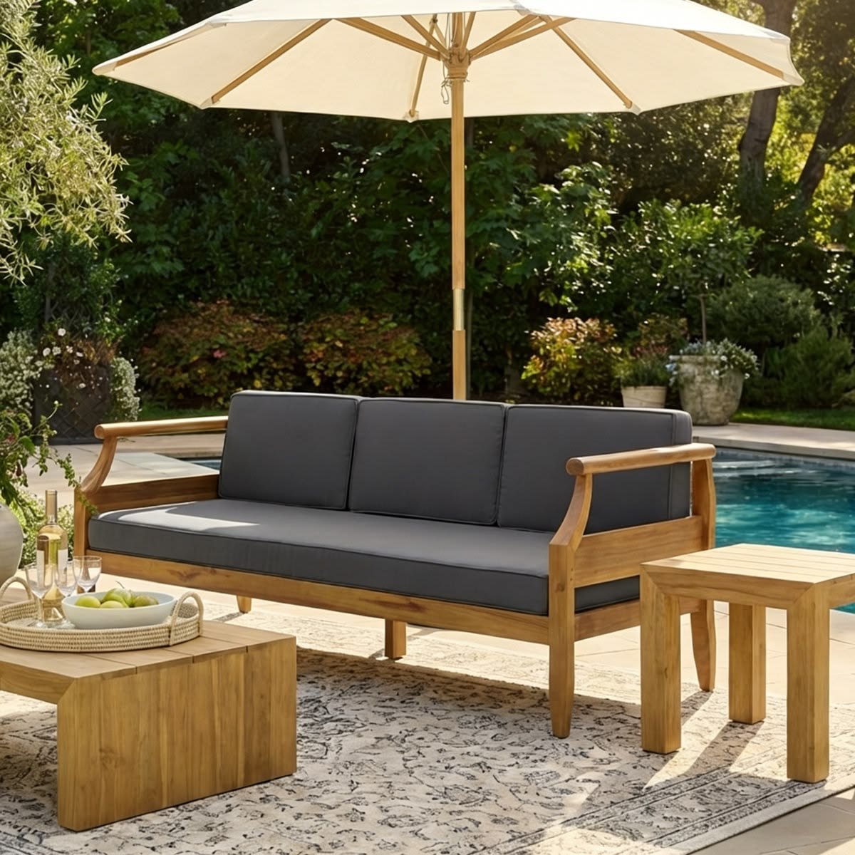 Littell Outdoor Acacia Wood 3-Seater Sofa