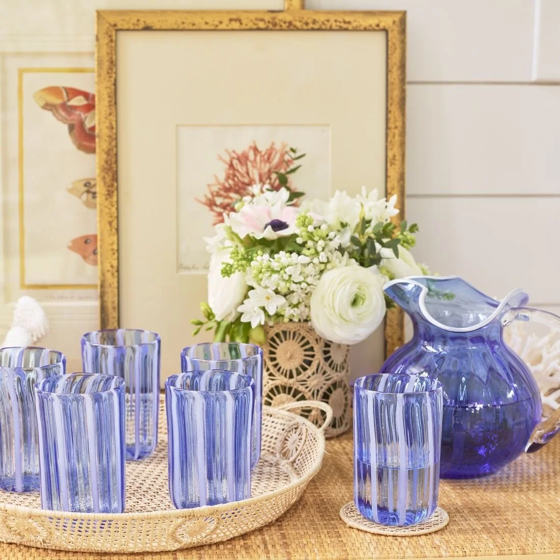 Blue Glassware and Woven Decor for Coastal Table Styling