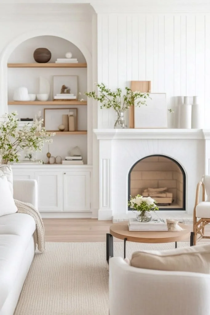 Modern Coastal Living Room with Arched Built-Ins and White Fireplace
