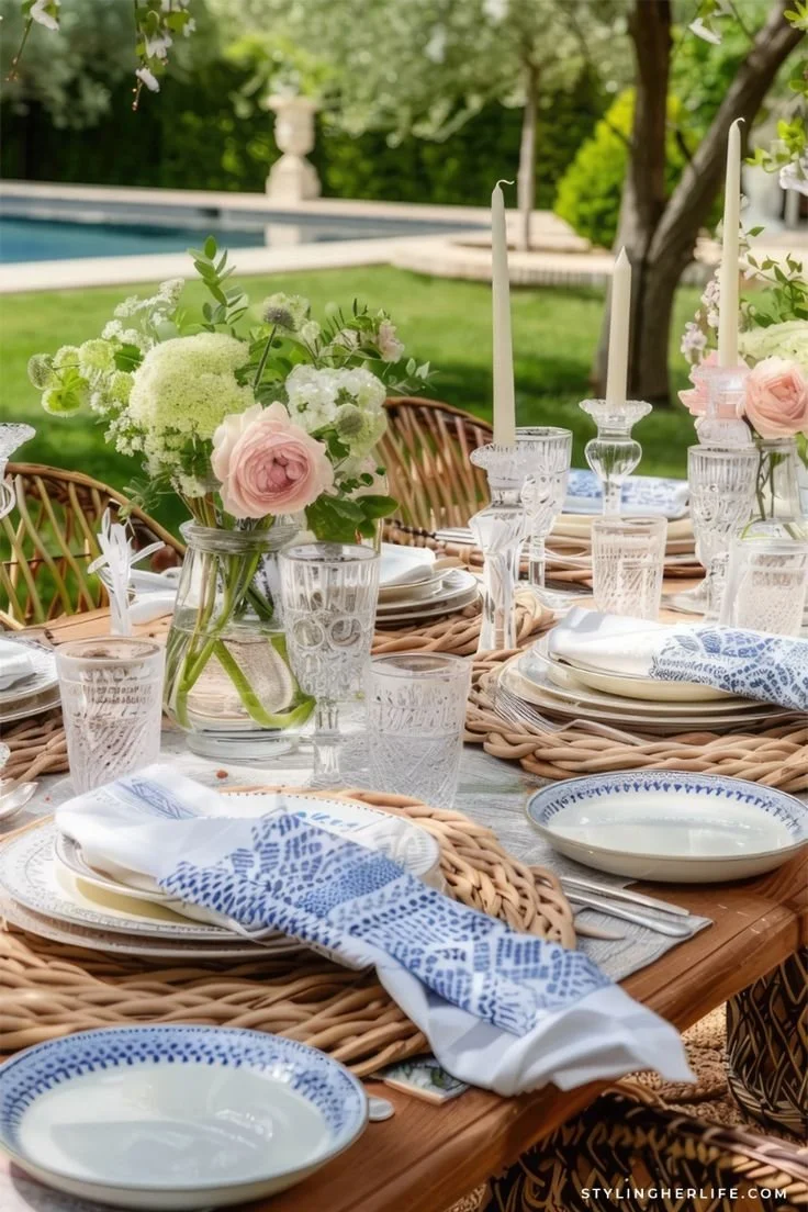 A blue and white coastal tablescape