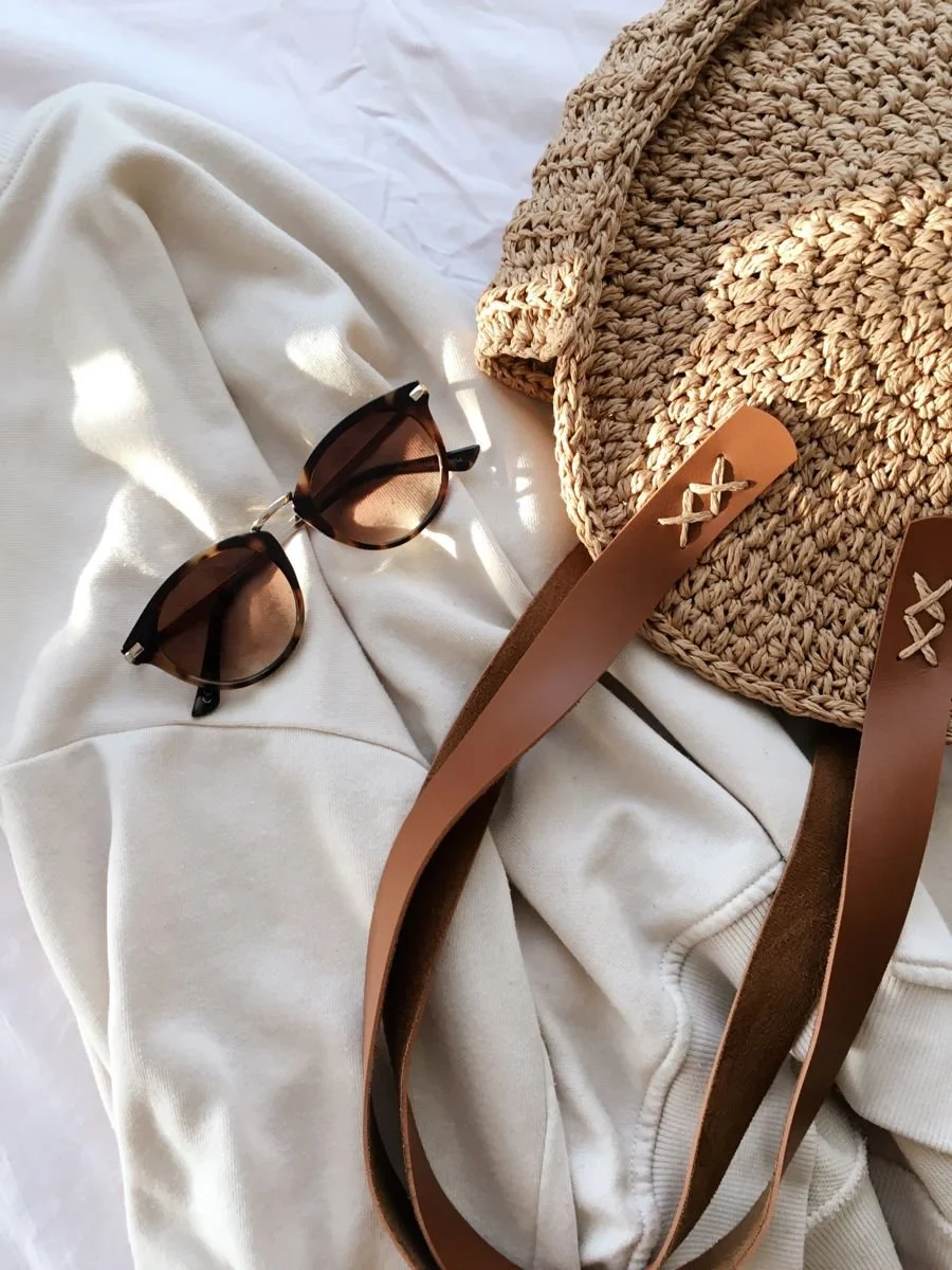 Woven Straw Tote, Sunglasses and Coastal Summer Essentials