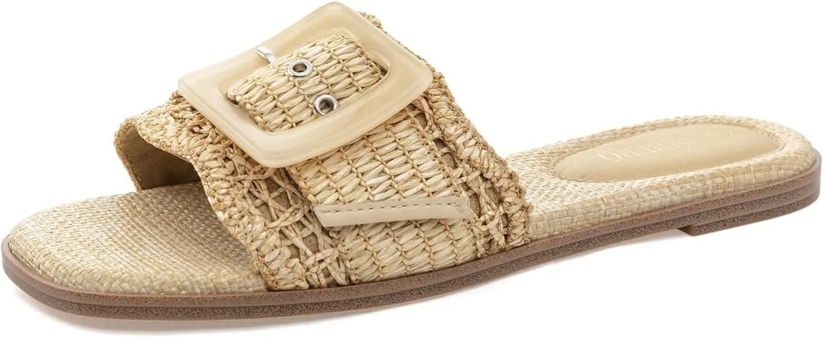 Rihero Womens Flat Sandals Raffia Slip On Beach Slides.jpg