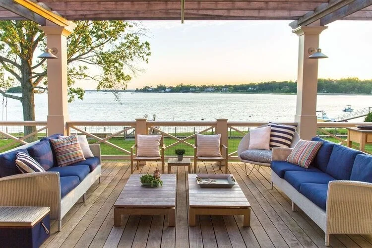 Covered Patio-Coastal influences appear through texture, tone, and simplicity.