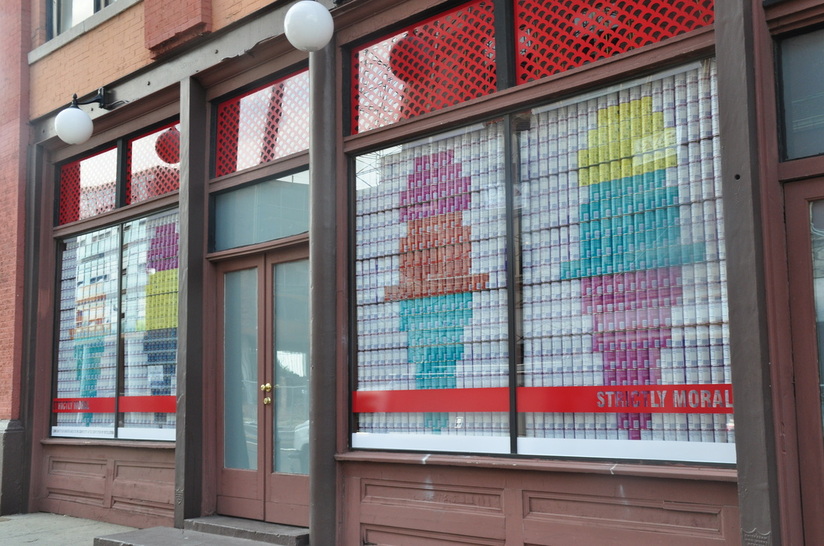 Ben Avant, Chris Hoal, Brendan Lawton, Ryan Morris Strictly Moral Window and lighting installation with canned goods. 