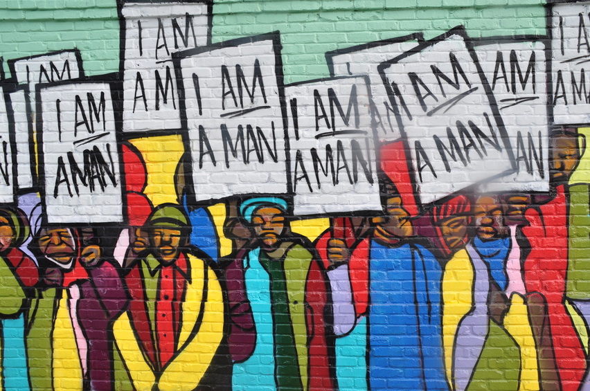 Design Artist: Marcellous Lovelace Install Team: BLK75 I Am A Man (#RayGun81 Remix). Acrylic exterior latex paint on panels. 