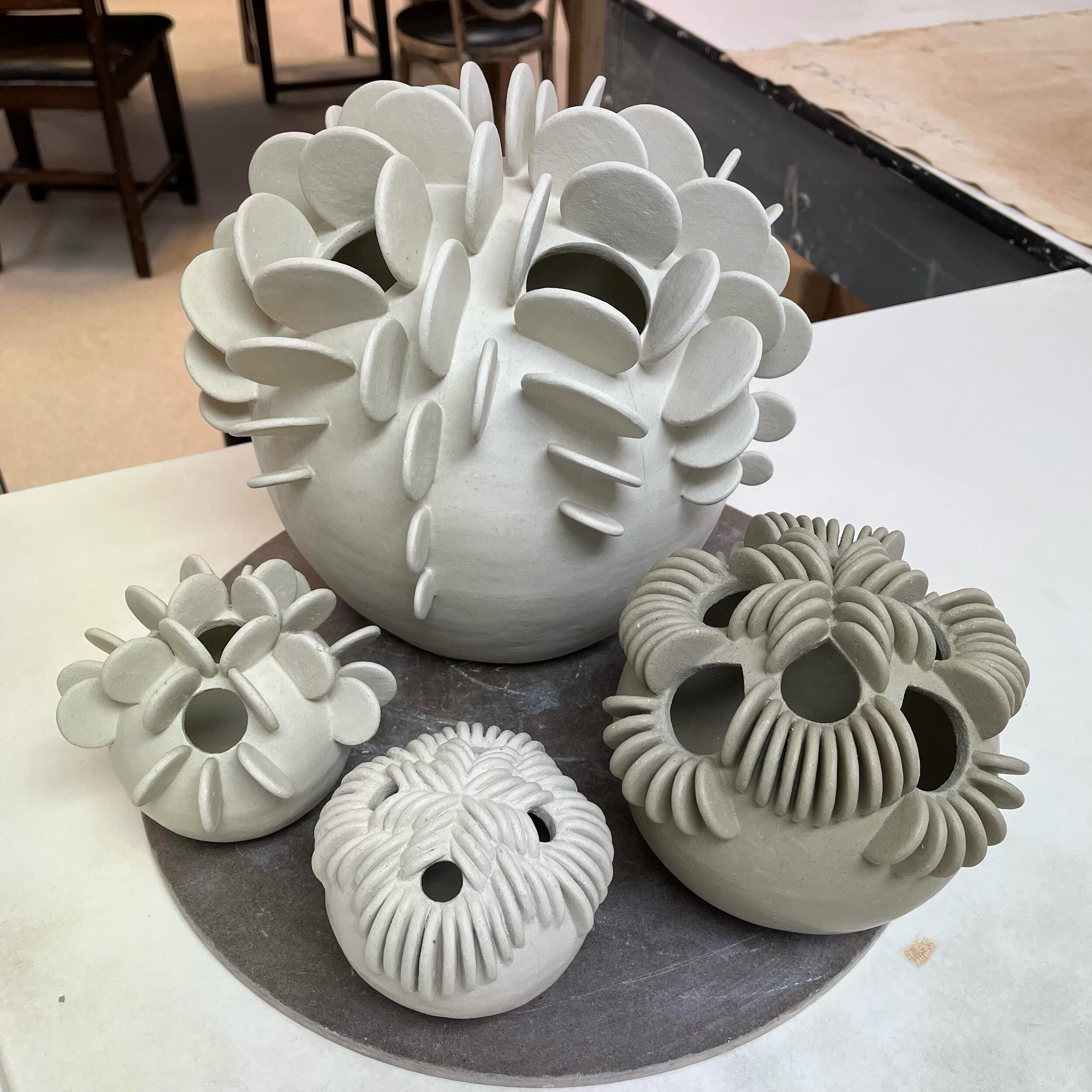 My new collection of weirdos is hand built with coils, soft slabs, and attachments. Stay tuned for firing results later this month.
 
#WorkInProgress #CeramicSculpture #CeramicVessel #HandbuiltCeramics #HandmadeCeramics #CeramicArt #SanFranciscoArtis