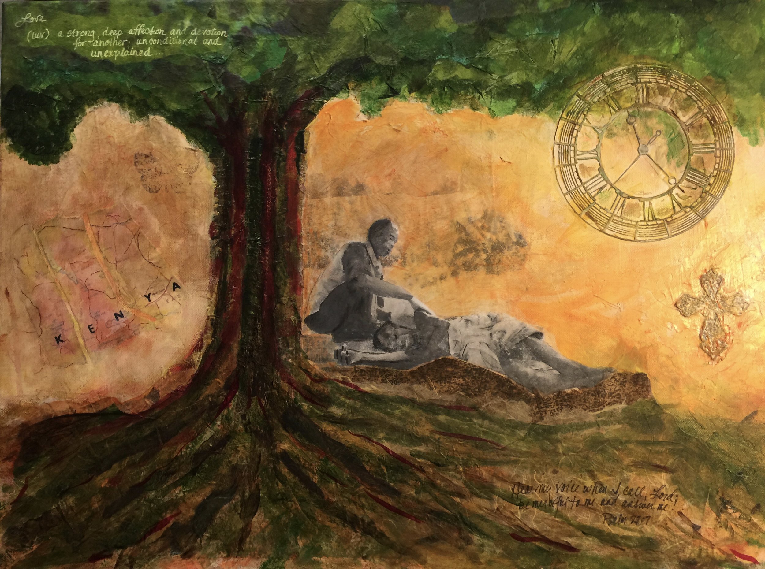 This is a piece of art that has been on my easel for months. It started with the photograph of my good friend Ibrahim as he lovingly washed the weary body of our friend and patient, George. In Kenya, when someone gets sick, especially from HIV/AIDS, they are very often abandoned by their family and friends - and simply left to die. That’s why we started the LOMAMO organization…so that no one should feel alone in their struggle to survive. After walking for 30+ minutes we arrived at George’s home to find that he had crawled outside to lie beneath a magnificent tree on his property in the region of Nyahera. He couldn’t walk so he had pulled himself the 40 feet or so by his hands and arms. He smiled warmly when he saw us. Immediately Ibrahim began to care for George. I stood back and removed my shoes. It was the holiest place I’ve ever stood. Sadly, George died about a week after I captured this image. Thankfully he knew Jesus so I know I will see him again one day. I created this piece of art on an 18x24 inch canvas using a combination of acrylic glazes, mixed media and collage.