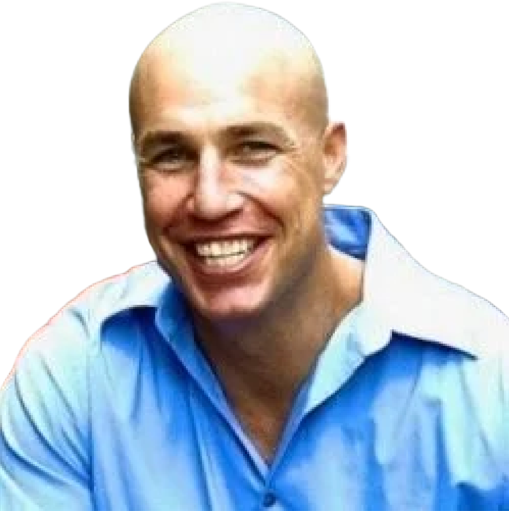 Smiling bald man wearing a blue collared shirt.