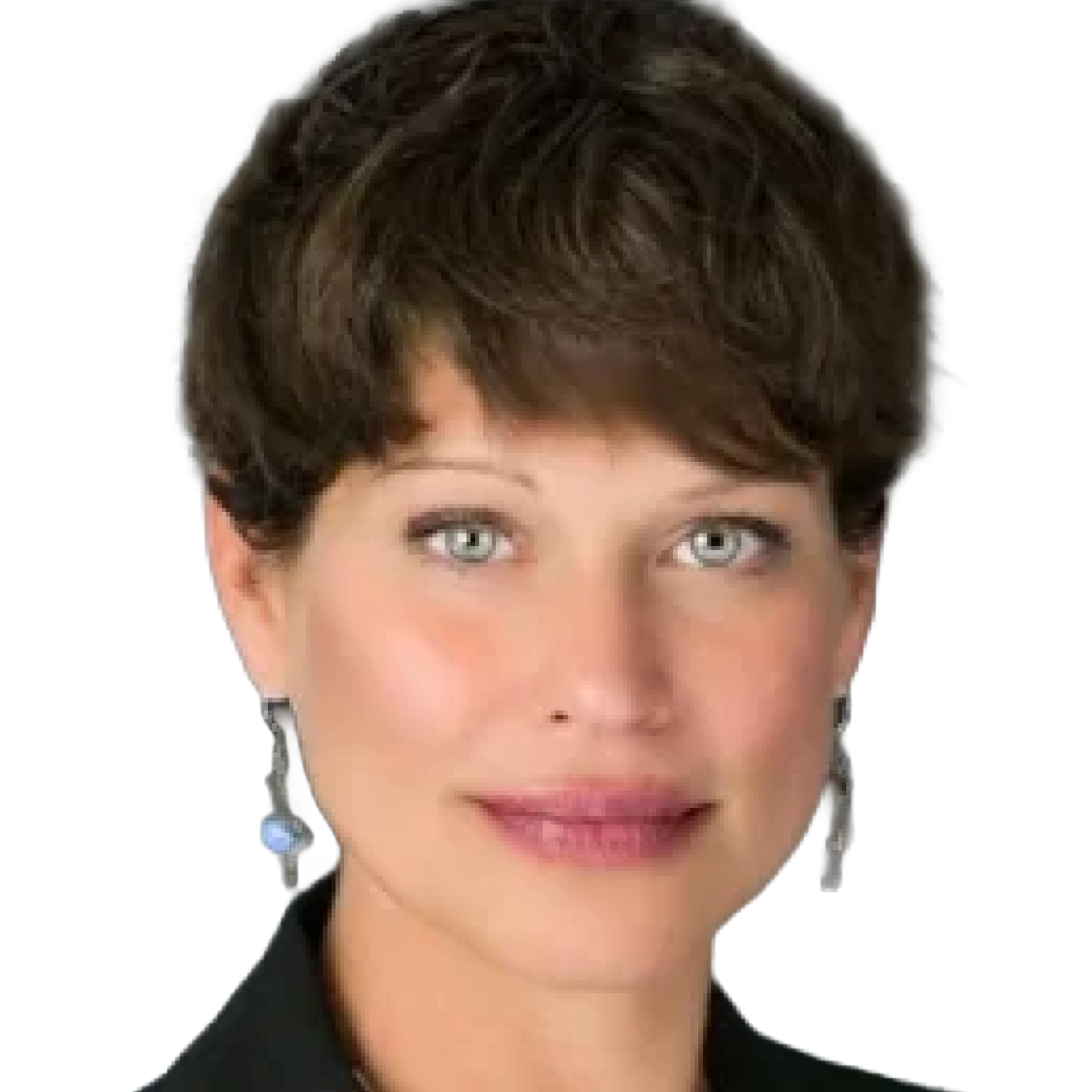 Close-up of a woman with short, dark brown hair, blue eyes, and light makeup, wearing a dark blazer and drop earrings.