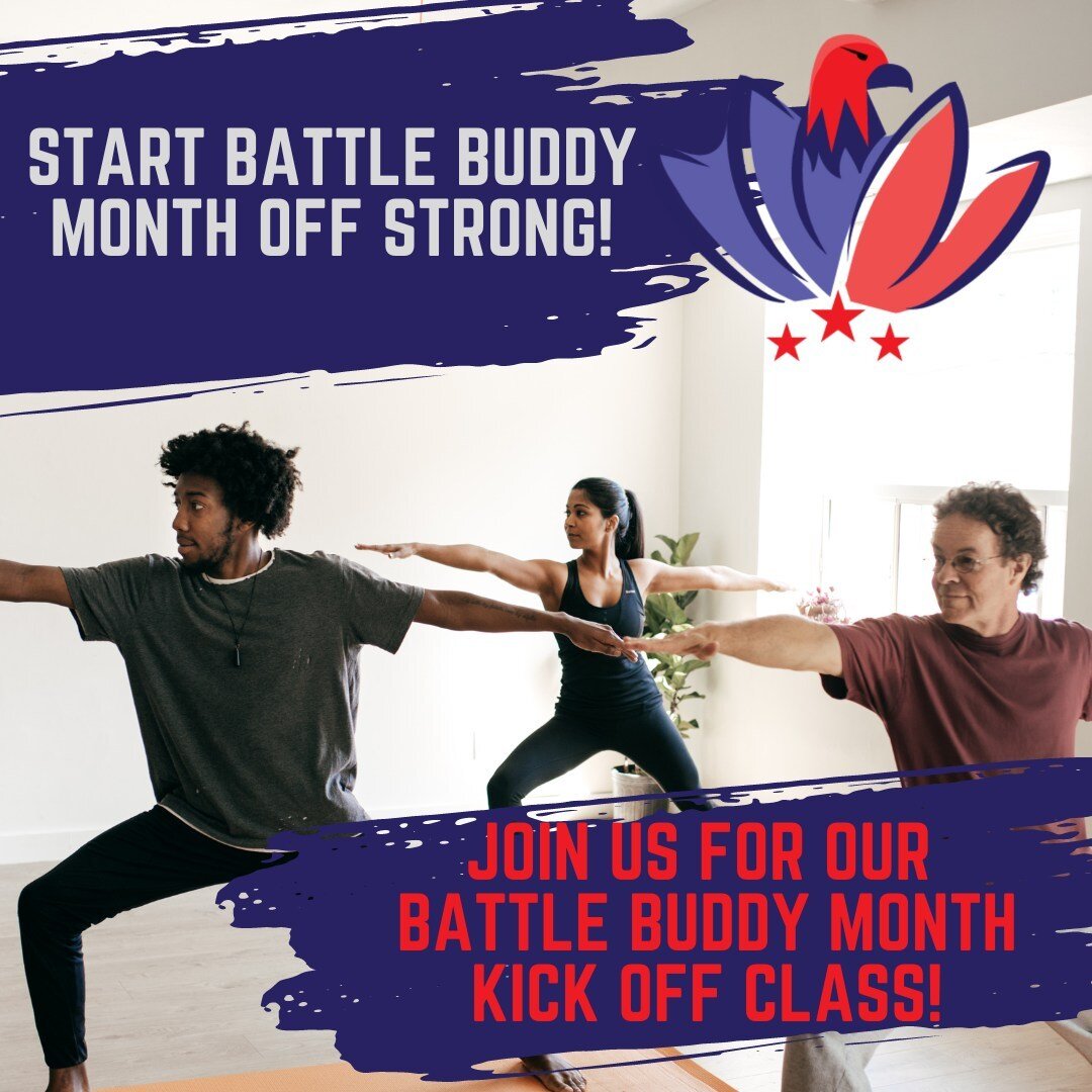 𝗦𝘁𝗮𝗿𝘁 𝗕𝗮𝘁𝘁𝗹𝗲 𝗕𝘂𝗱𝗱𝘆 𝗠𝗼𝗻𝘁𝗵 𝗦𝗧𝗥𝗢𝗡𝗚!
Join us for our Battle Buddy Month Kick-Off class! 
May 1, 2023, 2-3pm (MT) 
In-Person At The River Yoga - Golden Triangle 
1212 Delaware St. Denver, Co 80204
OR 
Virtual On Comeback Yoga's 