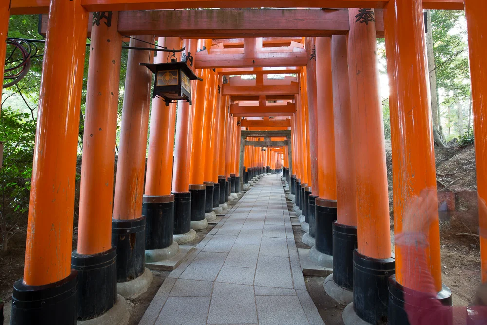 The path at Fushimi Inari Shrine is lined by thousands of orange torii gates