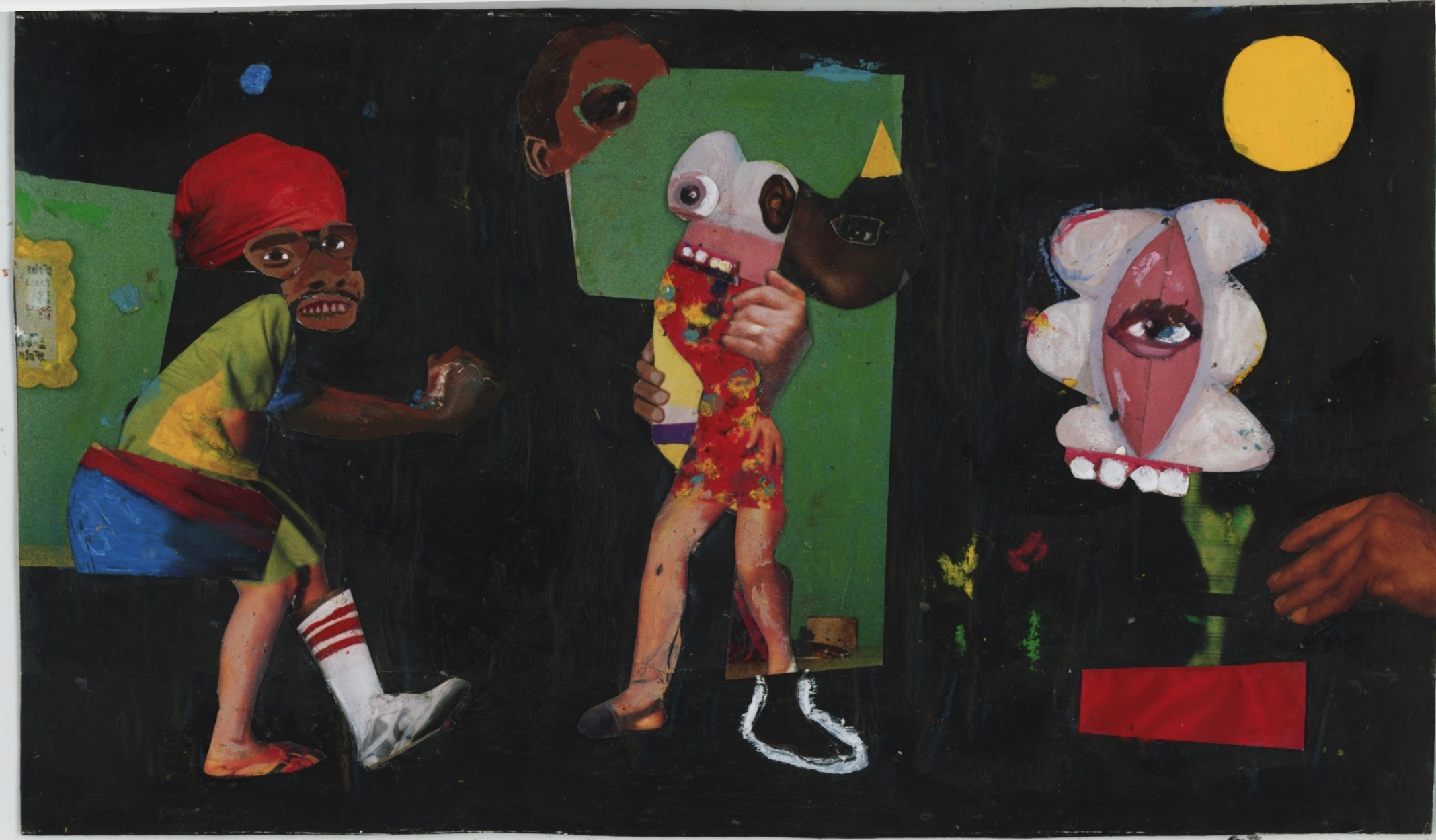 Milo Matthieu, Playground , 2017, Paper, Oil Stick and Acrylic, Paint on Wooden Panel, 24 x 36 in.