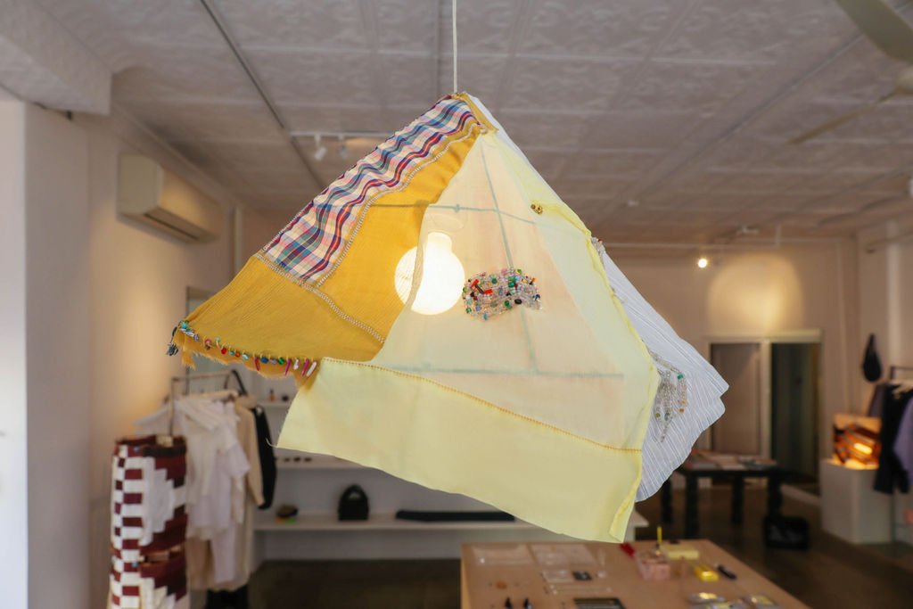  Sarah Nsikak  Map to Oyo, 18 x 81 in., Vintage textiles, glass beads, hand spun cotton twine, vintage wire frame by Likeminded Objects, 2023  SN0004  Price upon request  Sarah Nsikak is an emerging textile artist and designer living and working in B