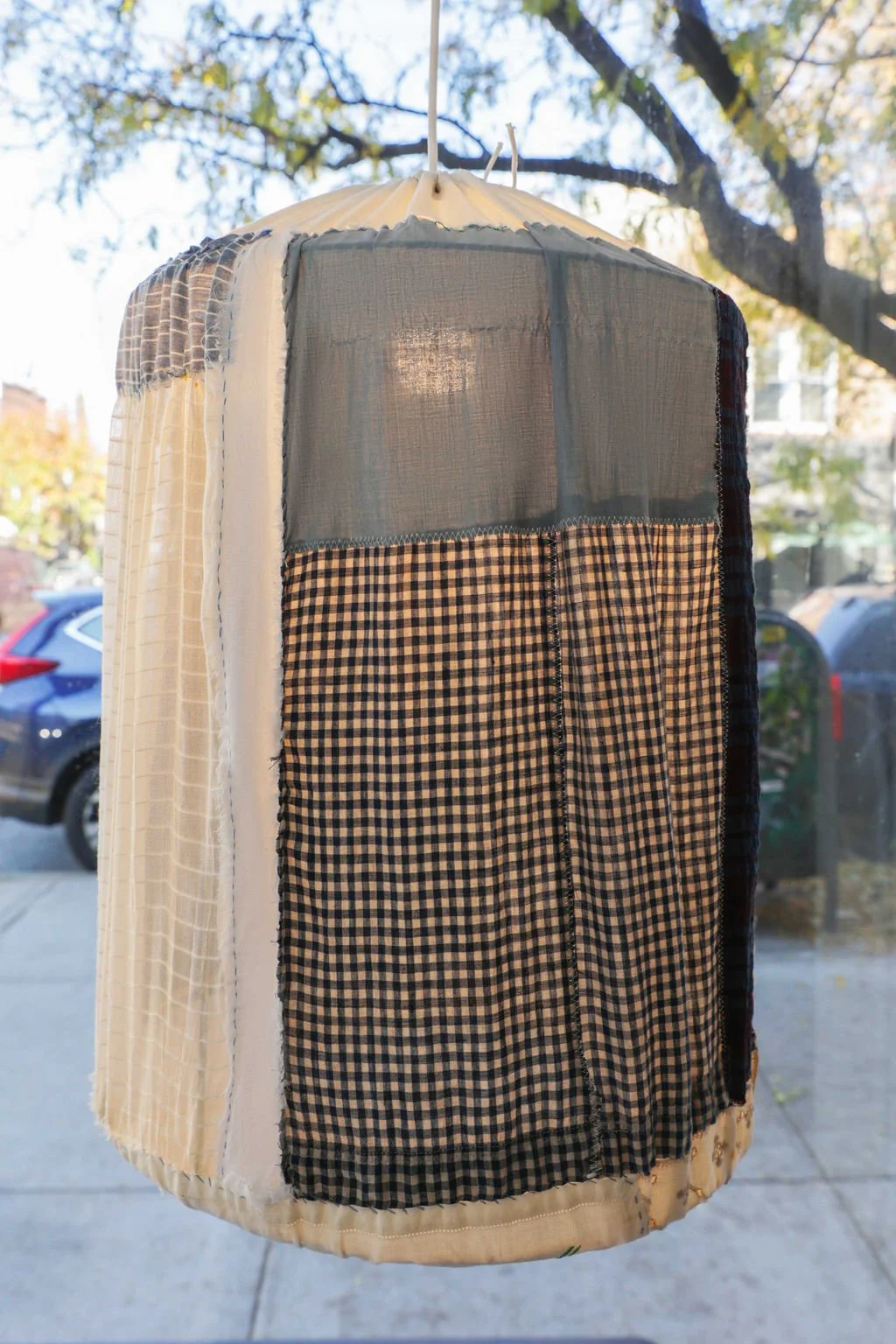  Sarah Nsikak   Air Balloon #2,  21 x 16 in., Antique linen, vintage textiles, glass beads, hand spun cotton twine, vintage wire frame, 2023  SN0006  Sarah Nsikak is an emerging textile artist and designer living and working in Brooklyn. This special