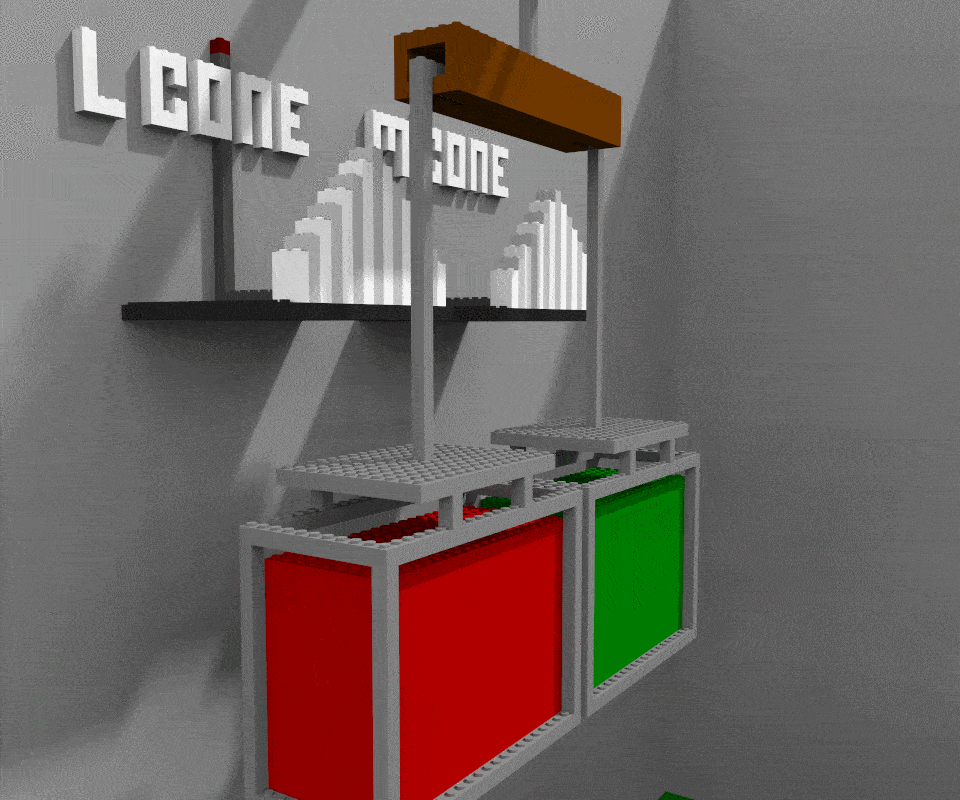 In this scenario, both the L-cone and M-cone are equally excited, and drop equal size weights onto the red and green vats respectively. Since the red and green vats are still of equal weight, neither colour of paint can be spilled. However, their whole side of the larger pulley system is now heavier, causing them to drop slightly and the blue vat at the other end of the pulley to lift. This unblocks the yellow vat, and yellow paint begins to flow. This would be the exact reaction seen if 560nm of light was present, and why humans interprut 560nm light as yellow light.