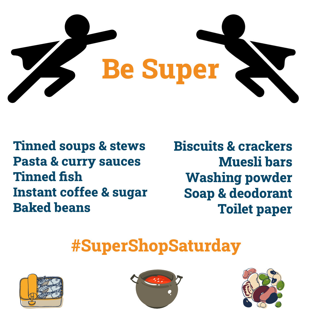 One week to go until our Foodbank Appeal. Next Saturday 27 May, be super and consider buying items for our food bank to make it a #SuperShopSaturday as we work to end homelessness together in our city. You can see what we most need highlighted in blu