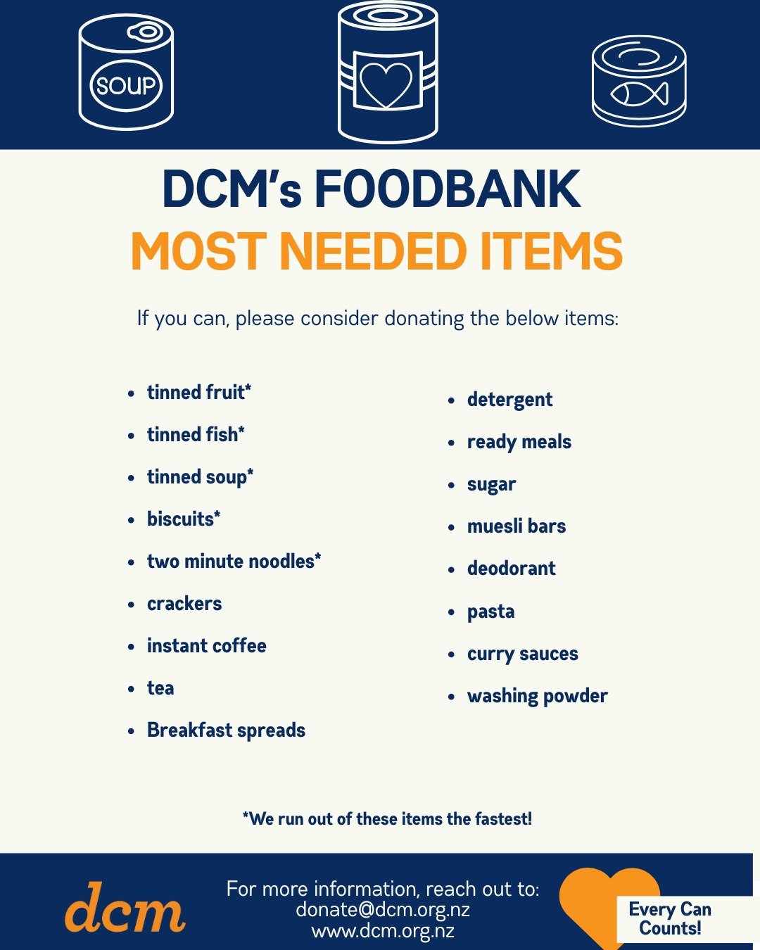 Our Foodbank provides essential support to people experiencing or at-risk of homelessness in Wellington.

With the rising cost of living, we have seen the demand for food increase and need your help in keeping our shelves stocked.

(Please remember t