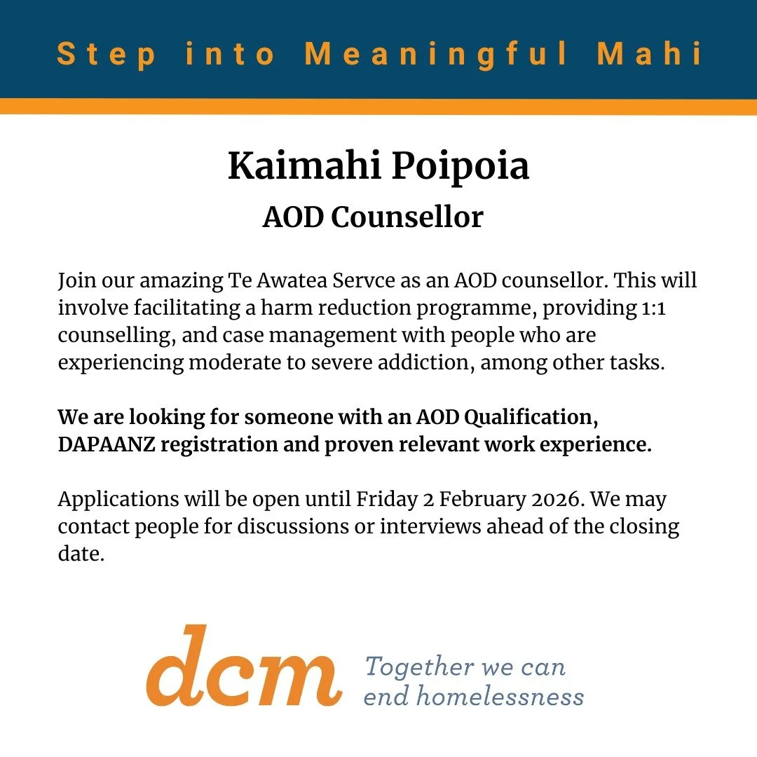 We are currently recruiting an AOD Counsellor to join our Te Awatea service.

Please note we are looking for someone with a relevant AOD qualification and DAPAANZ registration. 

Link in bio. 

Applications close on Friday 2nd February.