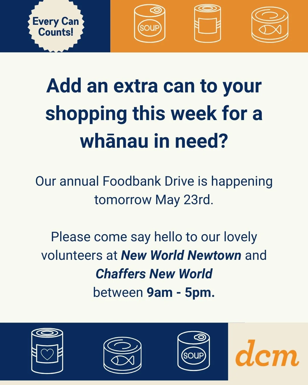 Add a can or two (with a pull tab) into your shopping basket tomorrow, May 23rd.

Our Annual Foodbank drive is critical to allowing us to provide kai support for our rough sleeping and recently housed communities.

Please say a big hello to our lovel