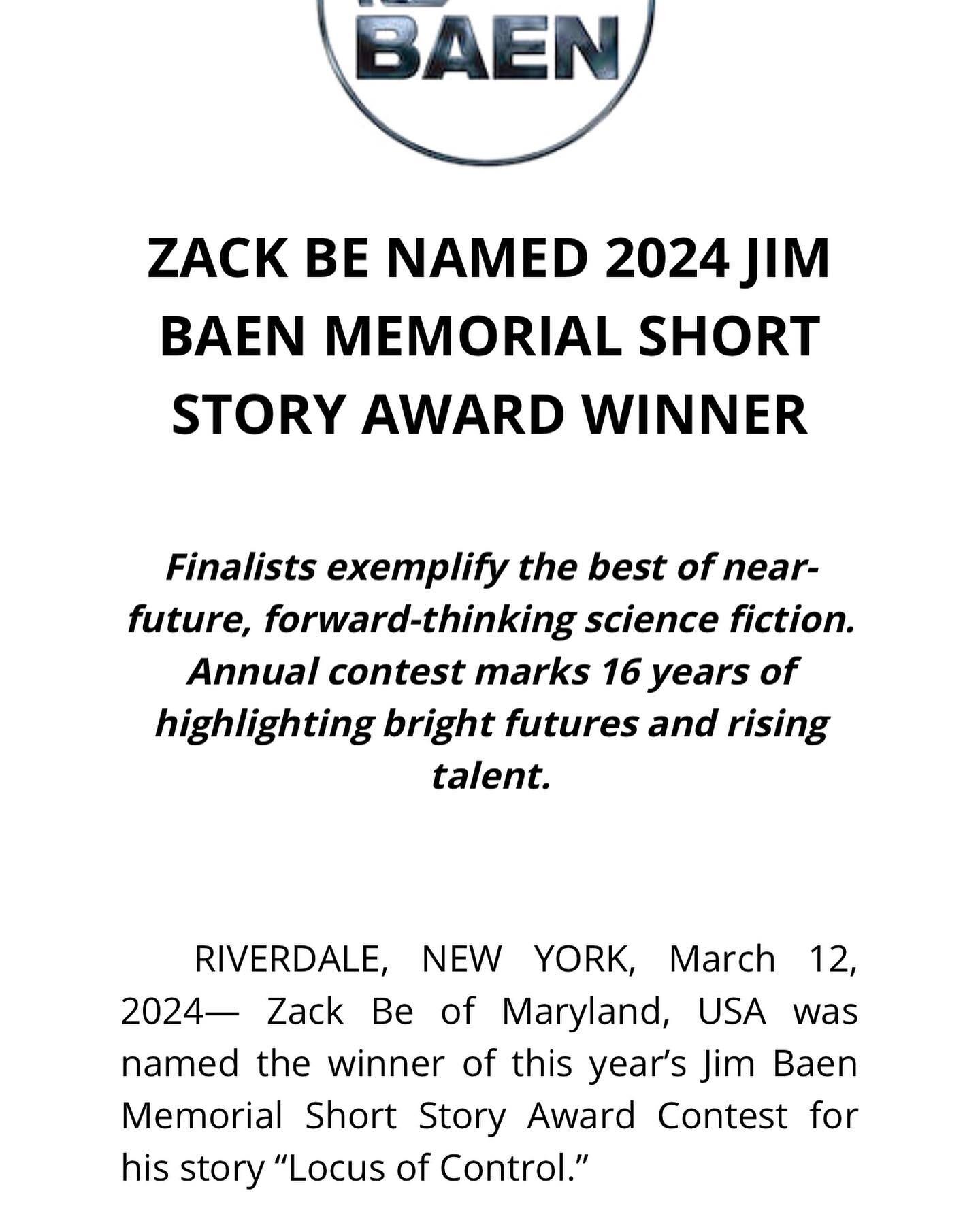 Honored and excited to share that I have been named the grand prize winner of the 2024 Jim Baen Memorial Science Fiction Award!!! I have been submitting to this contest for a few years and it is an absolute pleasure and privilege to be able to list m