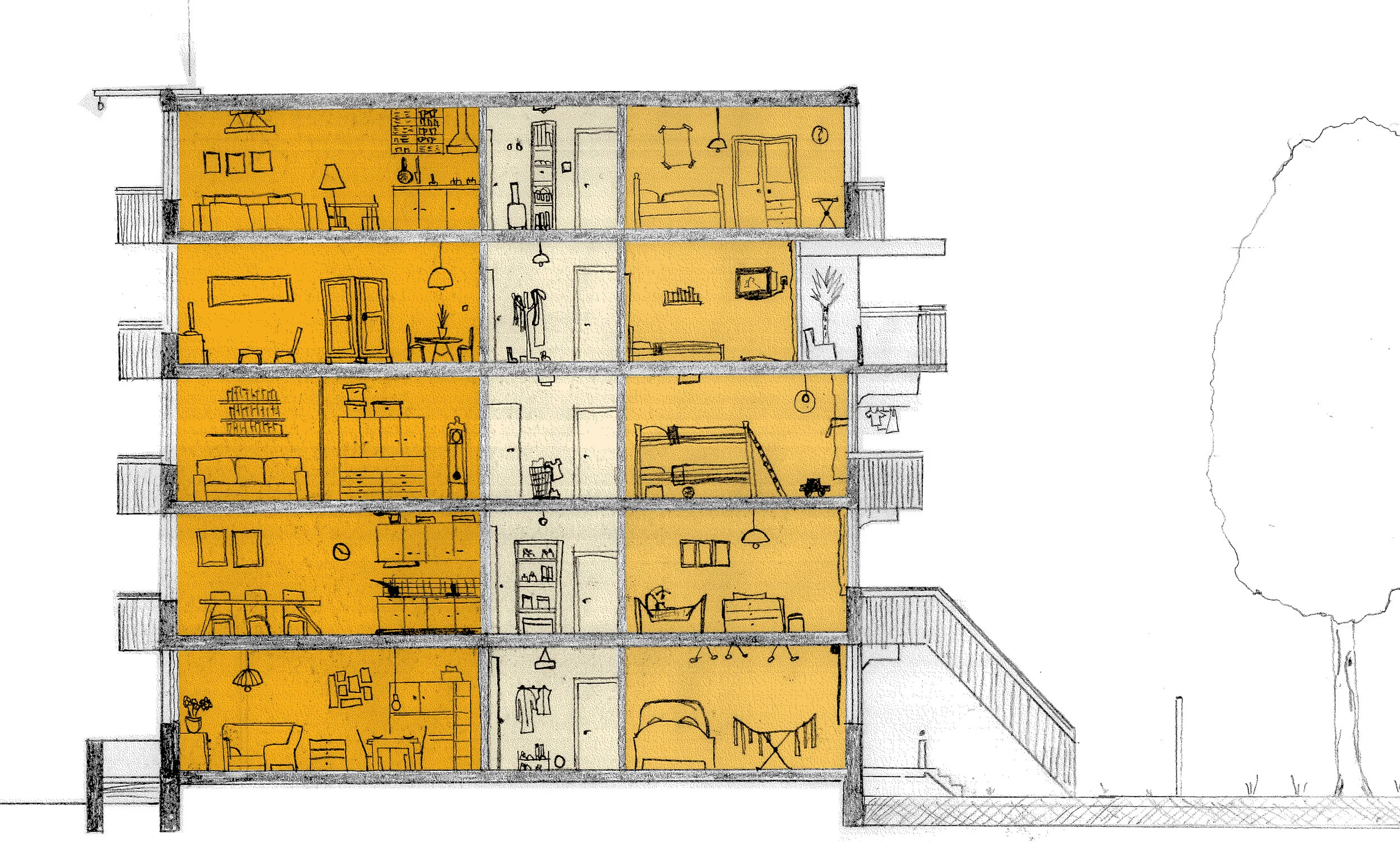 doorsnede met de indeling van de appartementen in het Rottekwartier