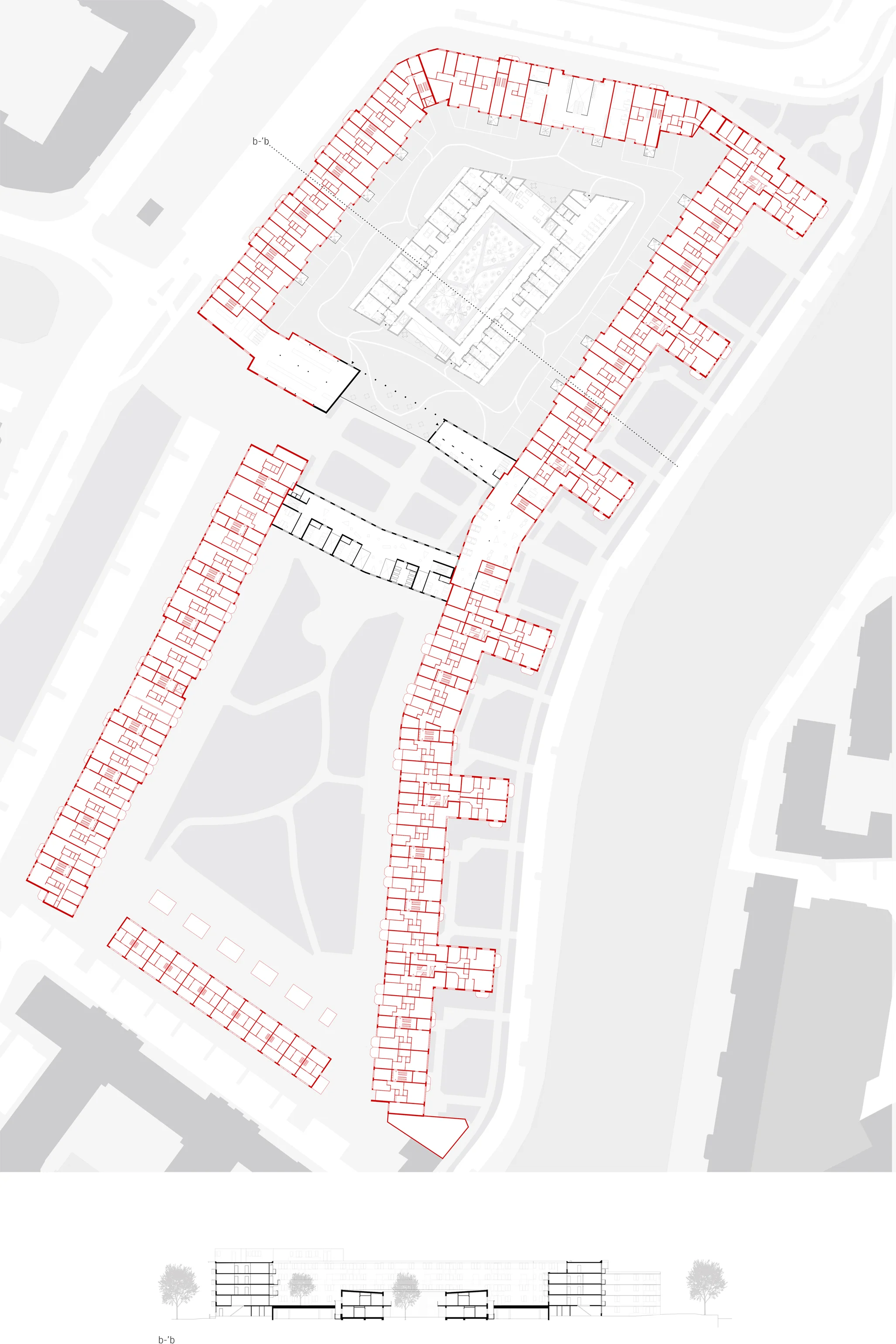 Rottekwartier plattegrond 1e verdieping en dwarsdoorsnede