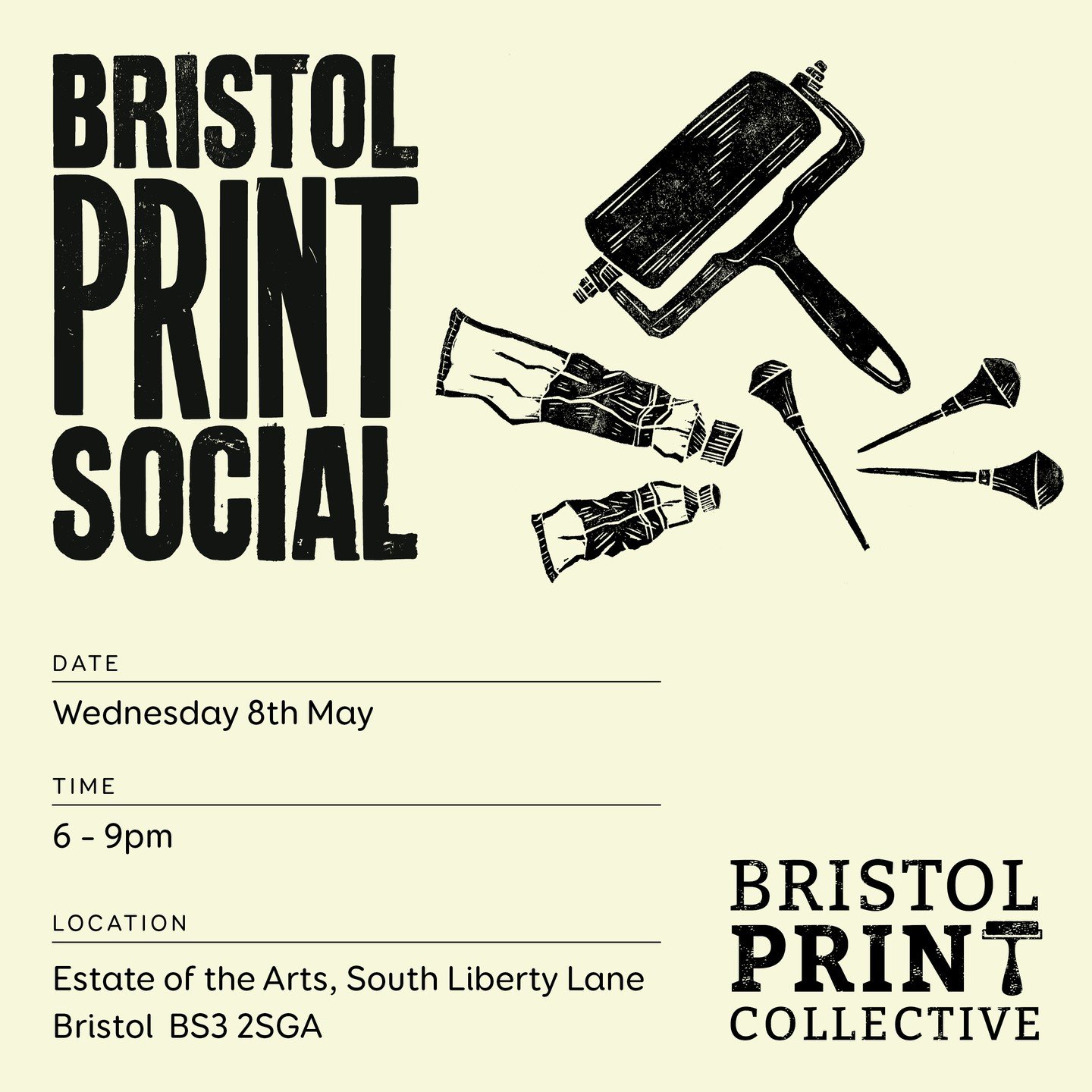 Back at Estate of the Arts, where our print socials first started, @bristolprintworkshops and friends will be making pizzas, enjoying a drink or two and we'd love you to join us in making some linocut banners for the upcoming @printed_festival in Car