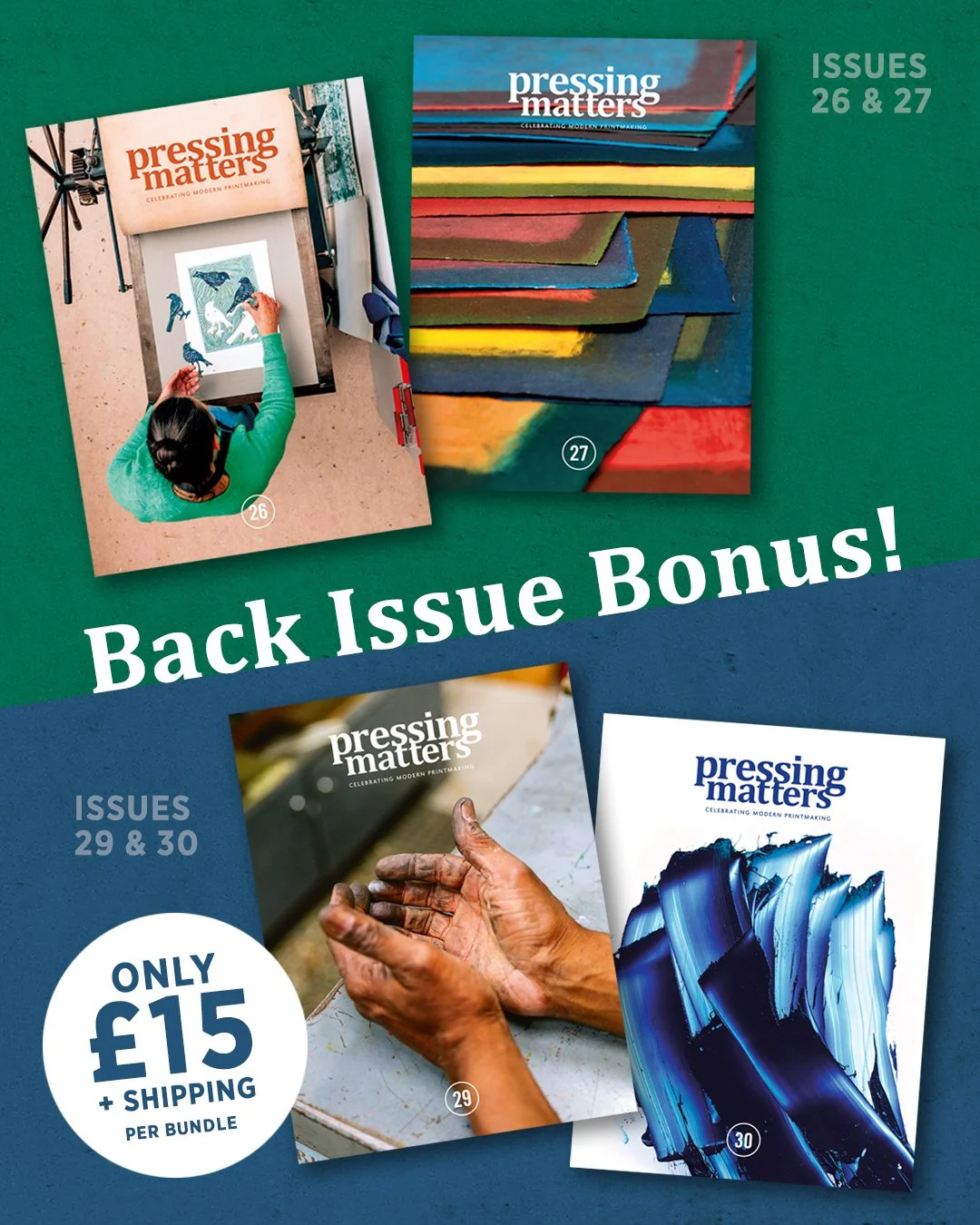 Want to catch up on your printmaking inspiration and delve into some of our back issues? We are pleased to be able to offer a couple of new bundles at a special price of &pound;15 + shipping (whilst stocks last). Issues 26 and 27 can now be bought to