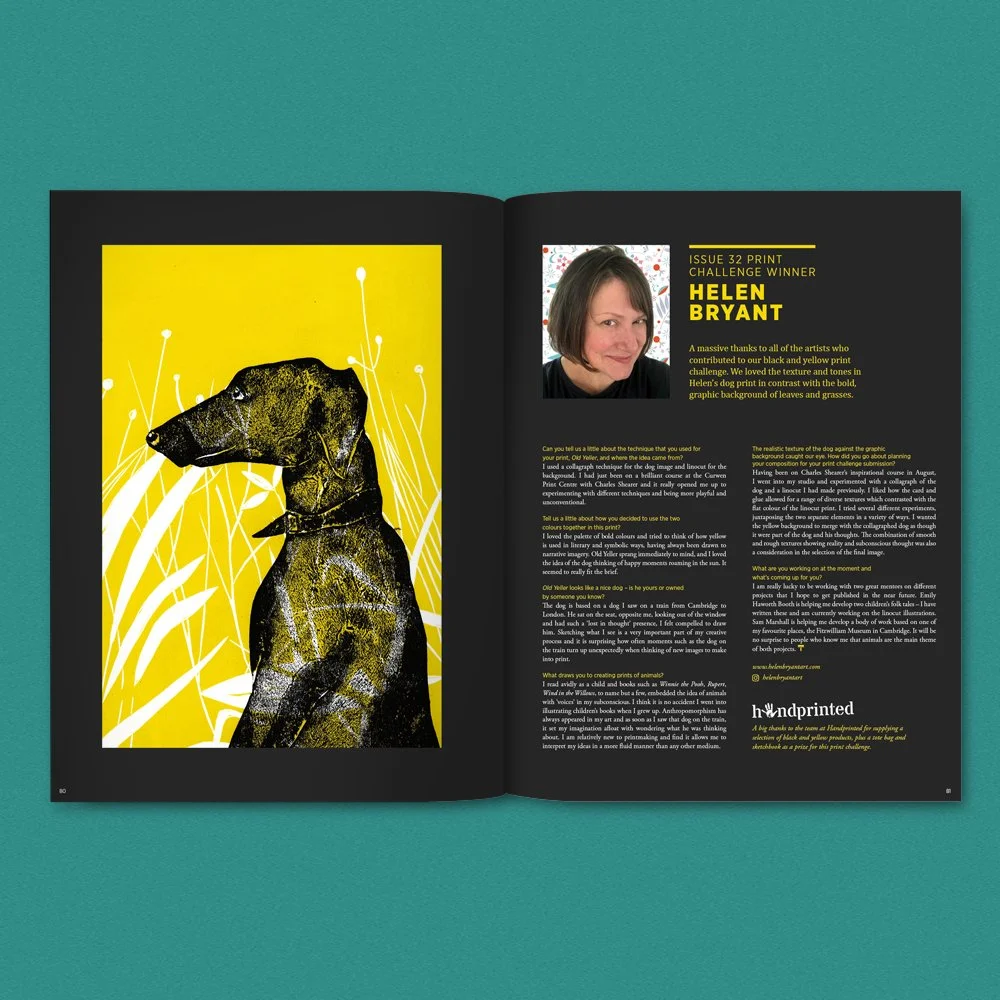 Well done to @helenbryantart for her winning entry to our Issue 32 print challenge. 
We loved the texture and tones in Helen’s dog print in contrast with the bold, graphic background of leaves and grasses.
Thanks to all of the artists wh