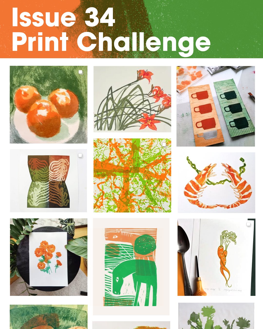We&rsquo;ve had some brilliant submissions of handmade prints using Orange and Green inks for our print challenge for Issue 34. We&rsquo;re loving seeing your creativity coming to life in these colours &ndash; be sure to submit your artwork by the de