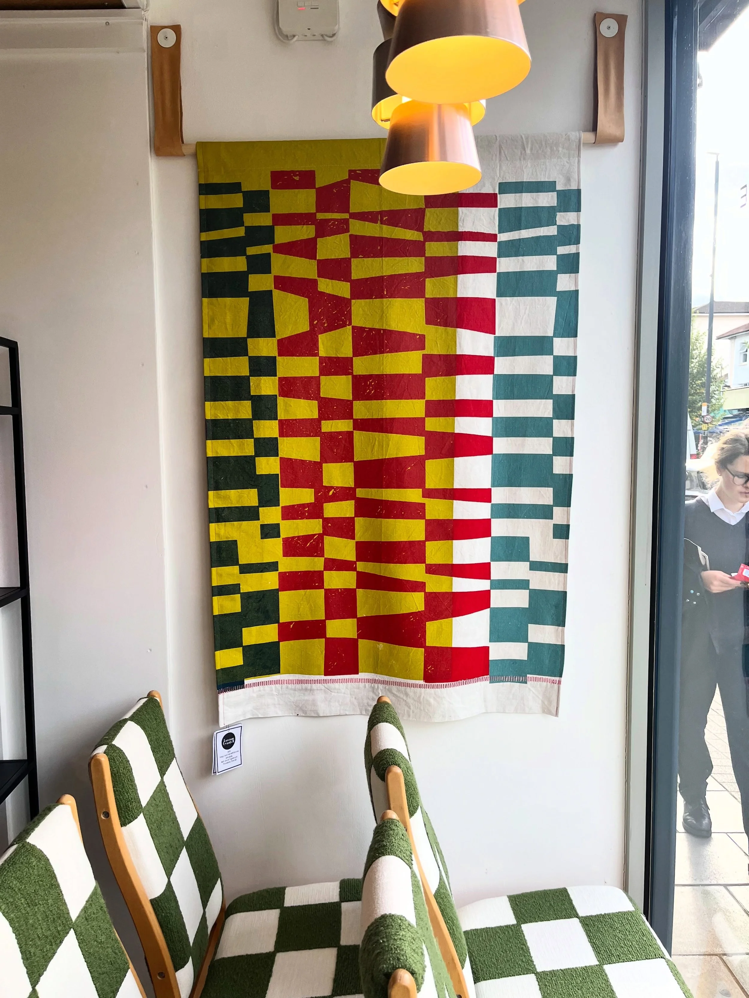 Really enjoyed checking out the ace wall hangings by  @tamasyngambell at @houseofmobel this afternoon. Nestled amongst the mid century modern furniture Tamasyn&rsquo;s patterned textile prints literally fizzed off the walls - check them out on Glouce