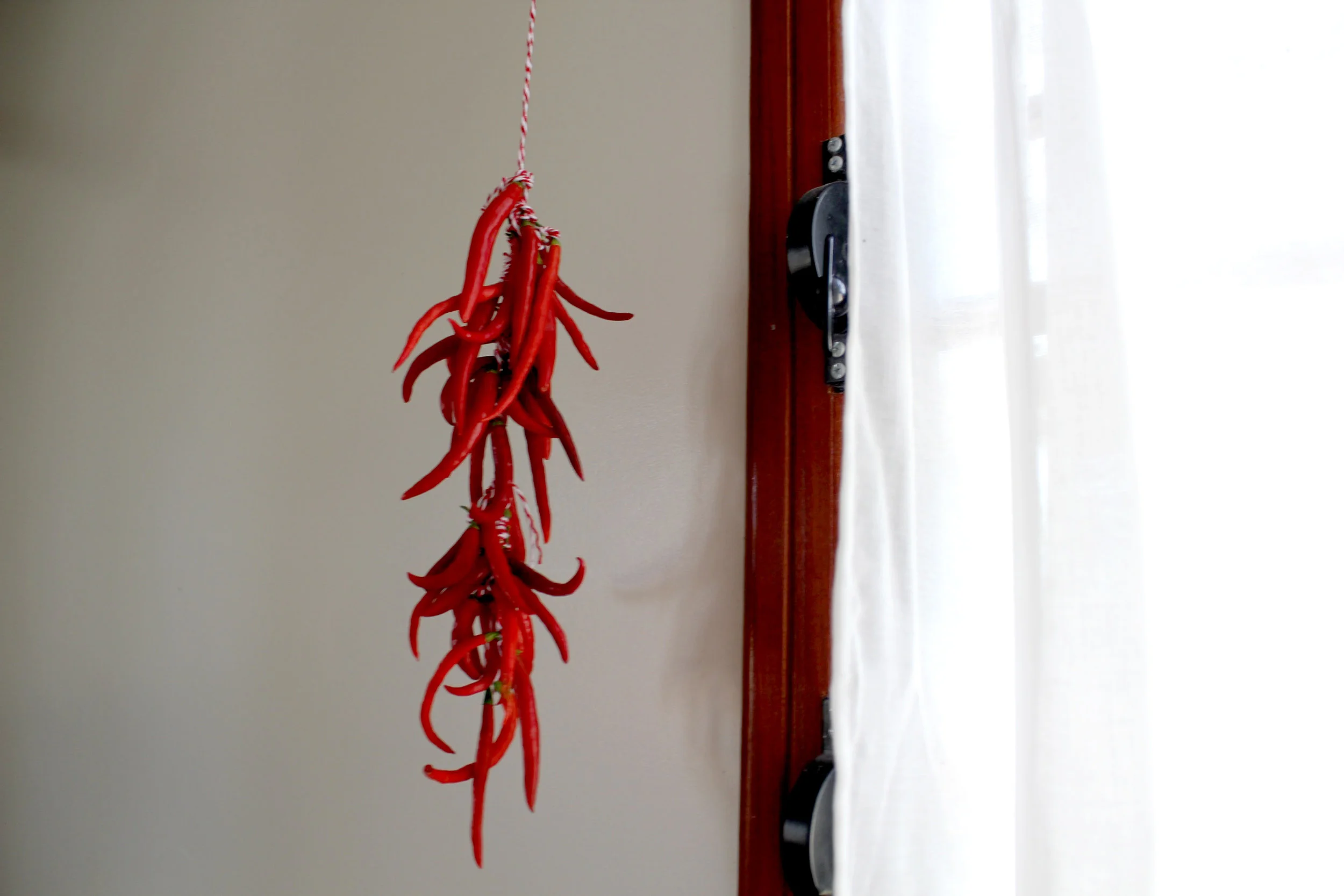 You can place your ristras to dry near a window by hanging them on a curtain rod.