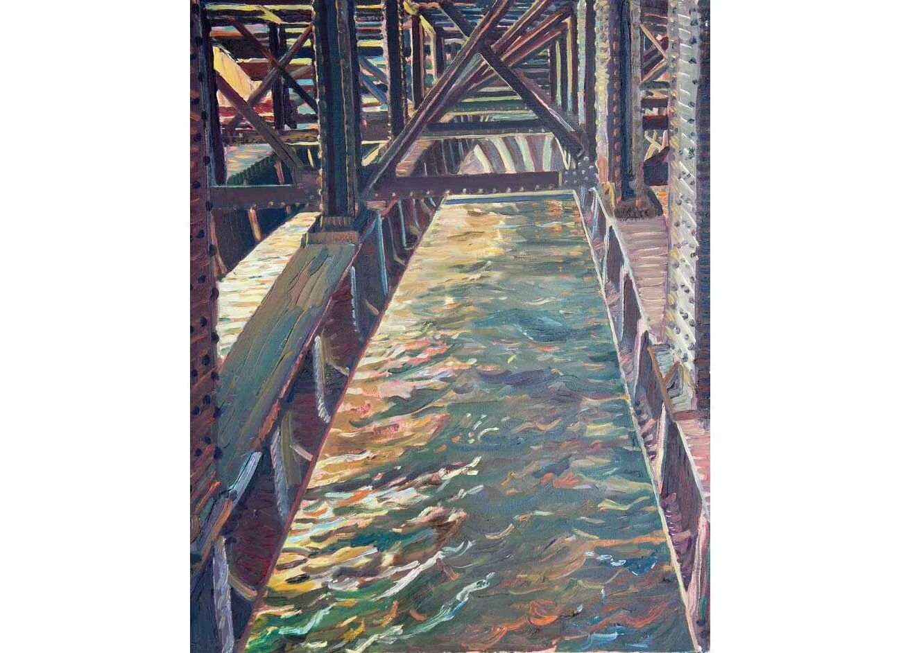 The Pont Alexandre III is the oldest metal bridge in Paris and was built for the 1890 exposition. The view beneath it offers an impressive geometry of spans and girders and this is the angle I chose to paint. As the perspective was quite complex, th