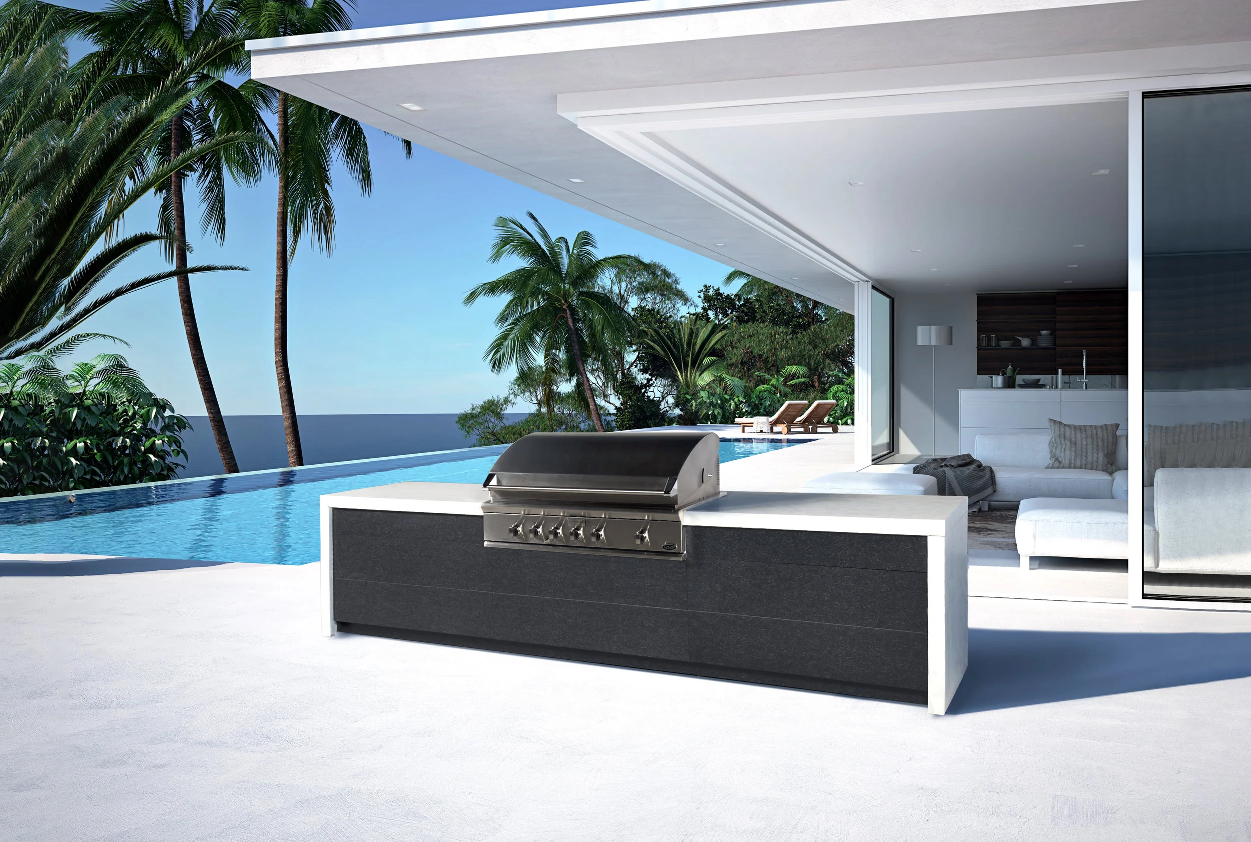 Luxury swimming pool and blue water. 3d rendering