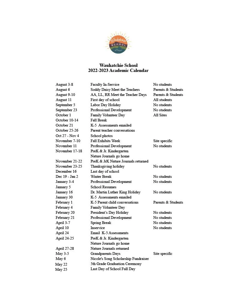 Academic Calendar — Wauhatchie School