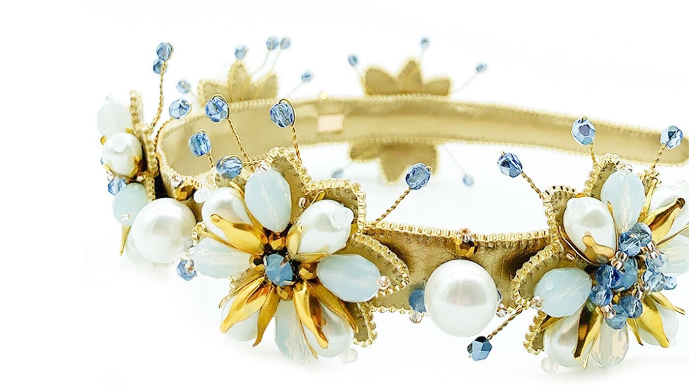 Camilla Crown by GAROFANO. Golden artificial leather, opal glass beads, pearl tear glass beads, rhinestones, Czech glass beads on a wire, Czech and Japanese seed beads, metallic frame.