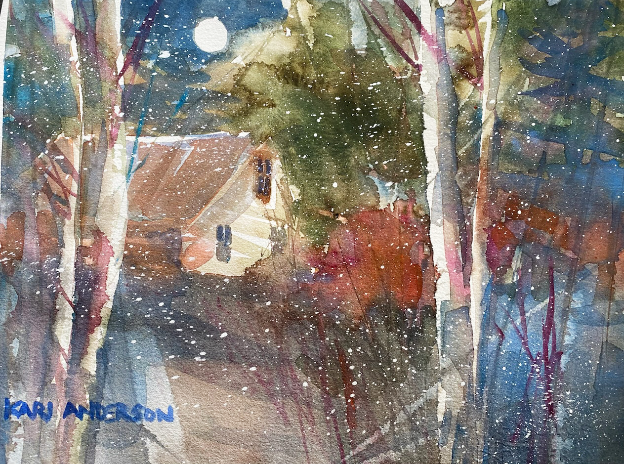 Watercolor of house peaking out of trees and bushes