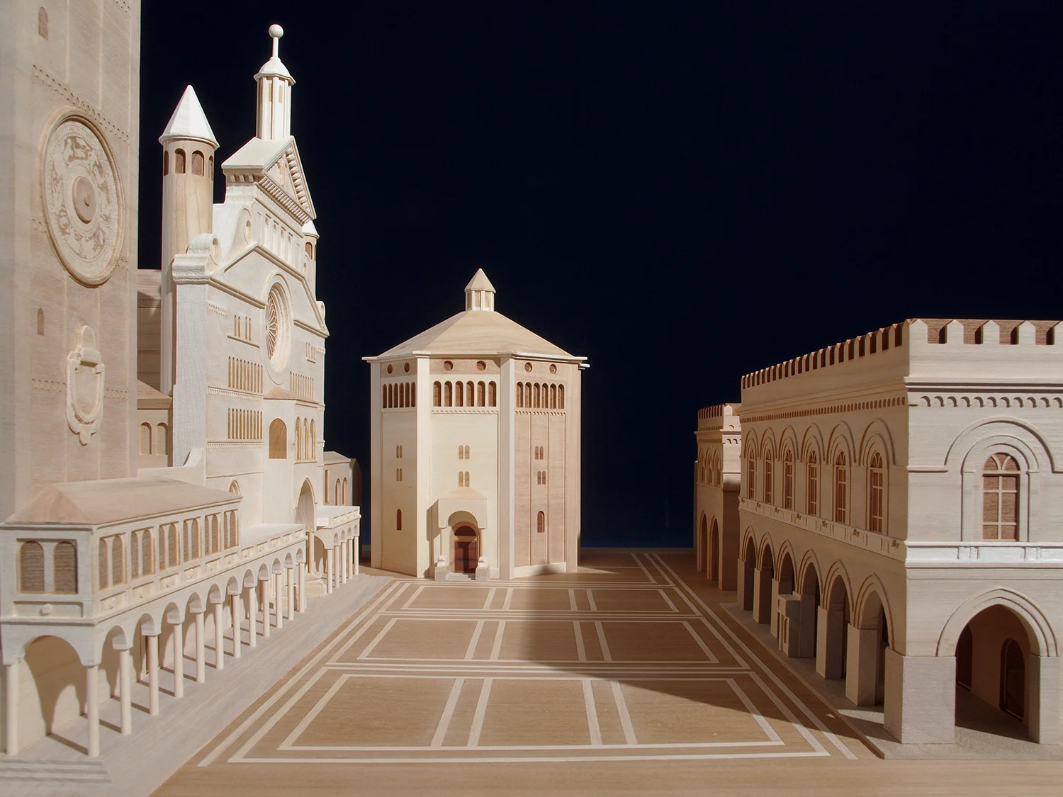 Piazza del Comune, Cremona IAT Office (Permanent Exhibition) Specifically designed strength and durability to suit tactile perception by blind people; details were all carved from solid plates of hard timber.