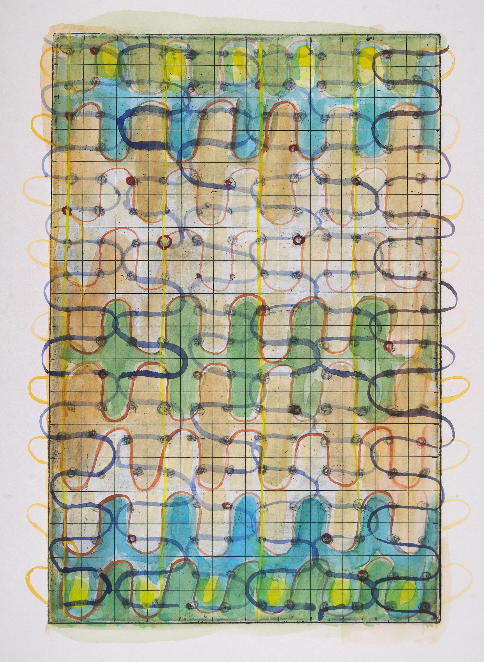 "Desertification of Knowledge: connections" 11X15, etching with graphite and watercolor, 2017