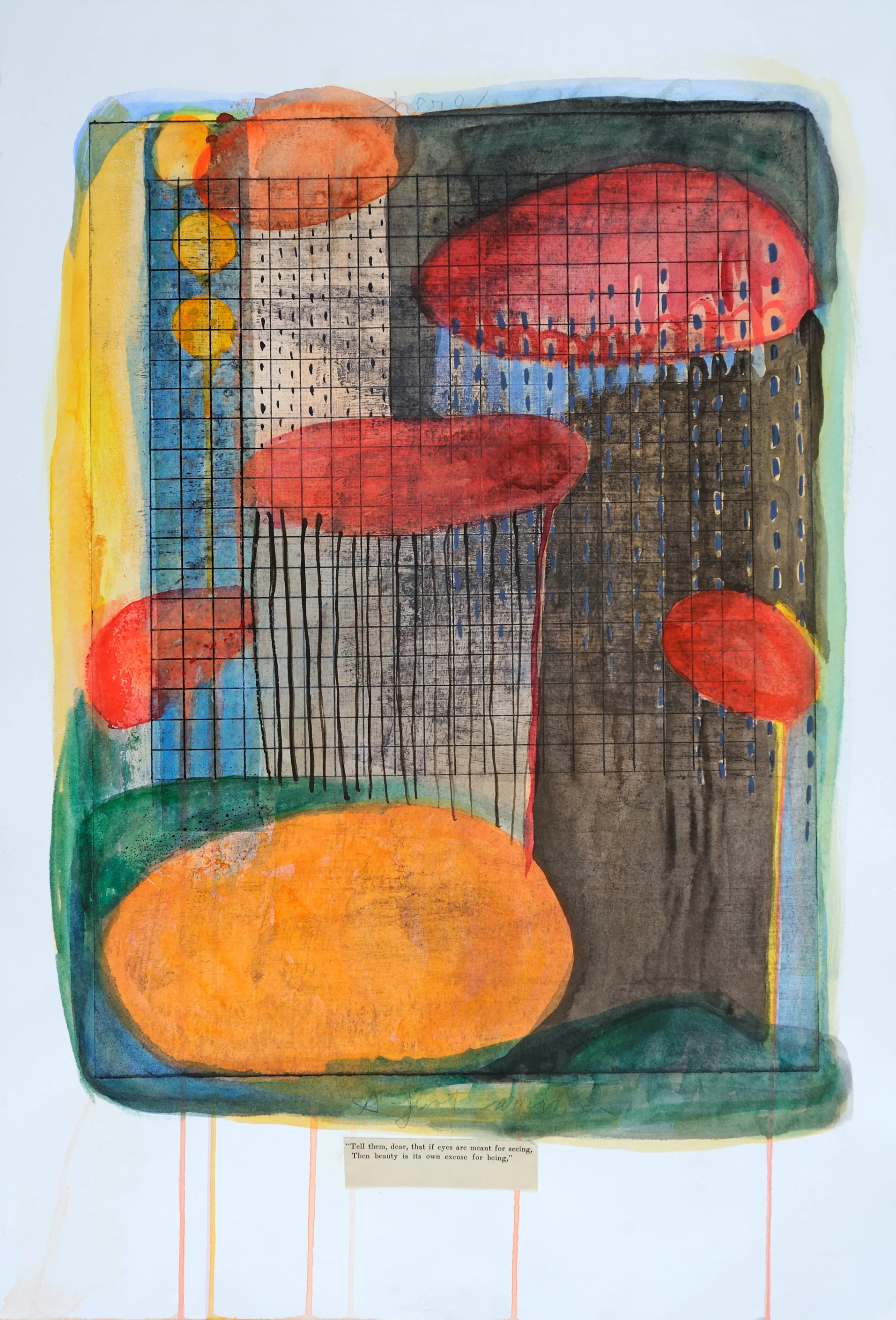 "Here," etching, chine colle' and watercolor, 15X20, 2019