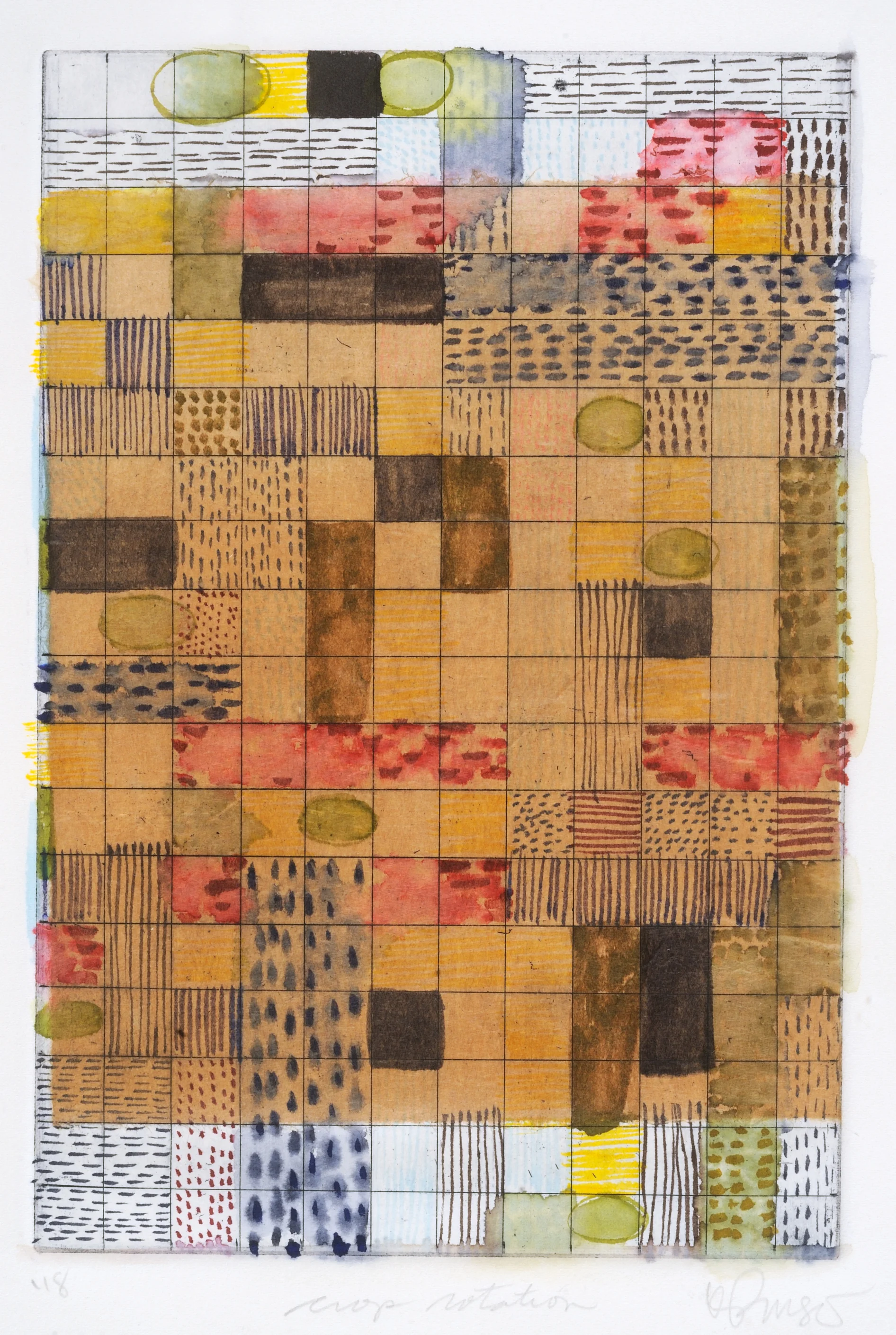 "Crop Rotation," 11X15, etching, chine colle' and watercolor, 2018