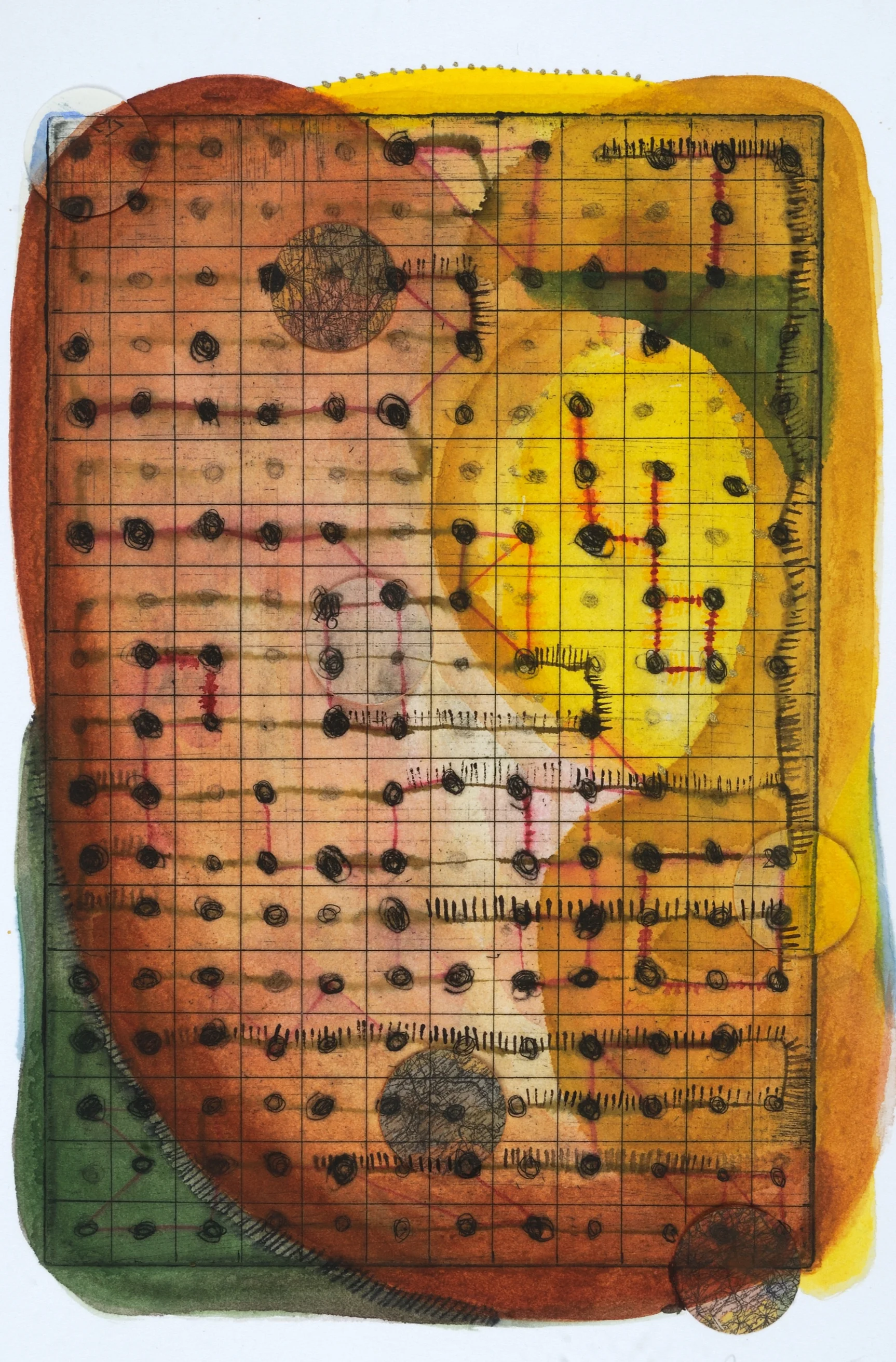 "October Field," etching, chine colle' and watercolor, 2018