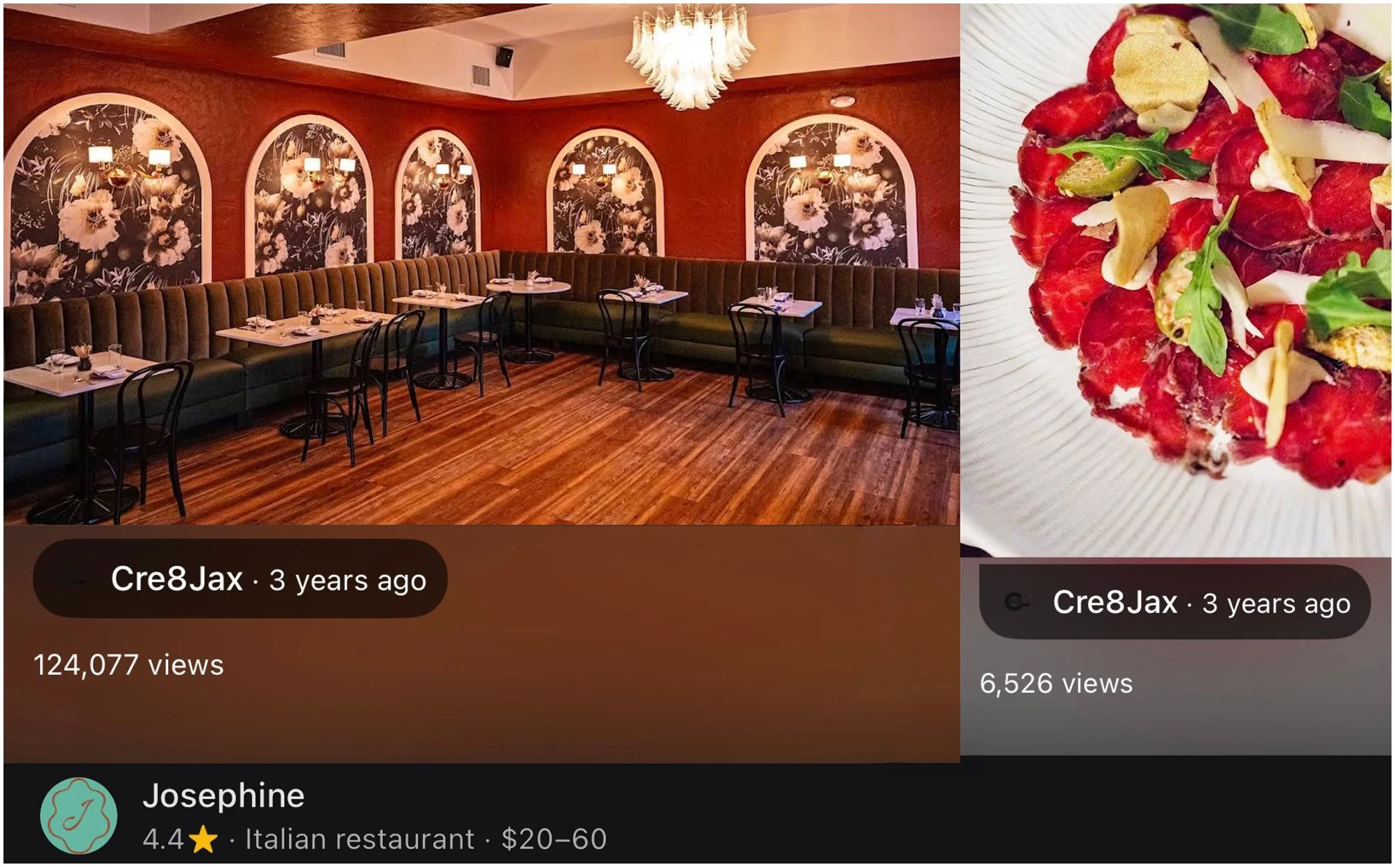 Google Business Profile photo views for Josephine in Jacksonville: the dining room photo has 124,077 views, the plated dish 6,526.