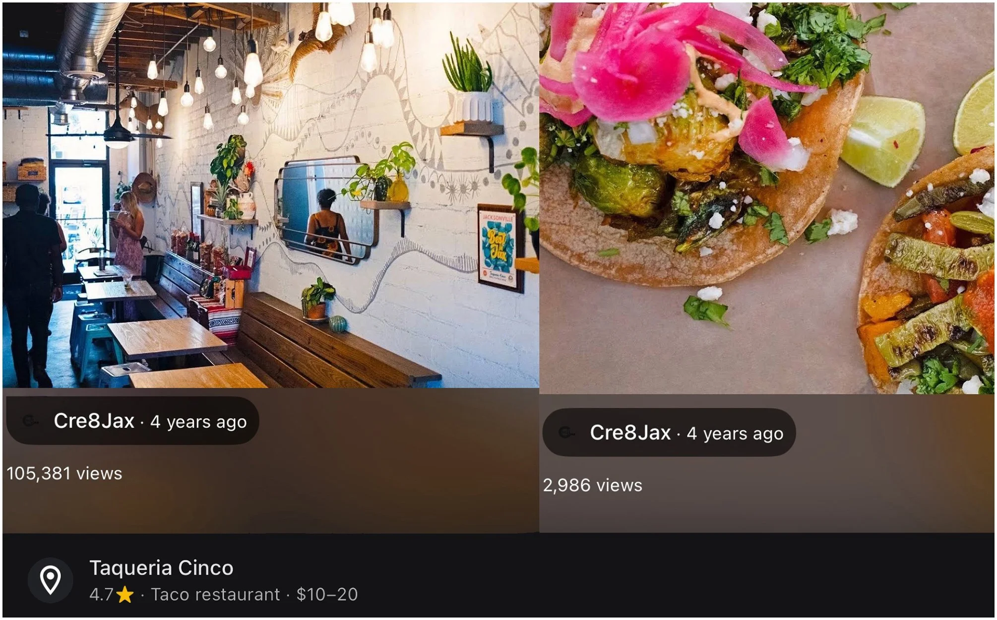 Google Business Profile photo views for Taqueria Cinco: the dining room has 105,381 views, the tacos 2,986.