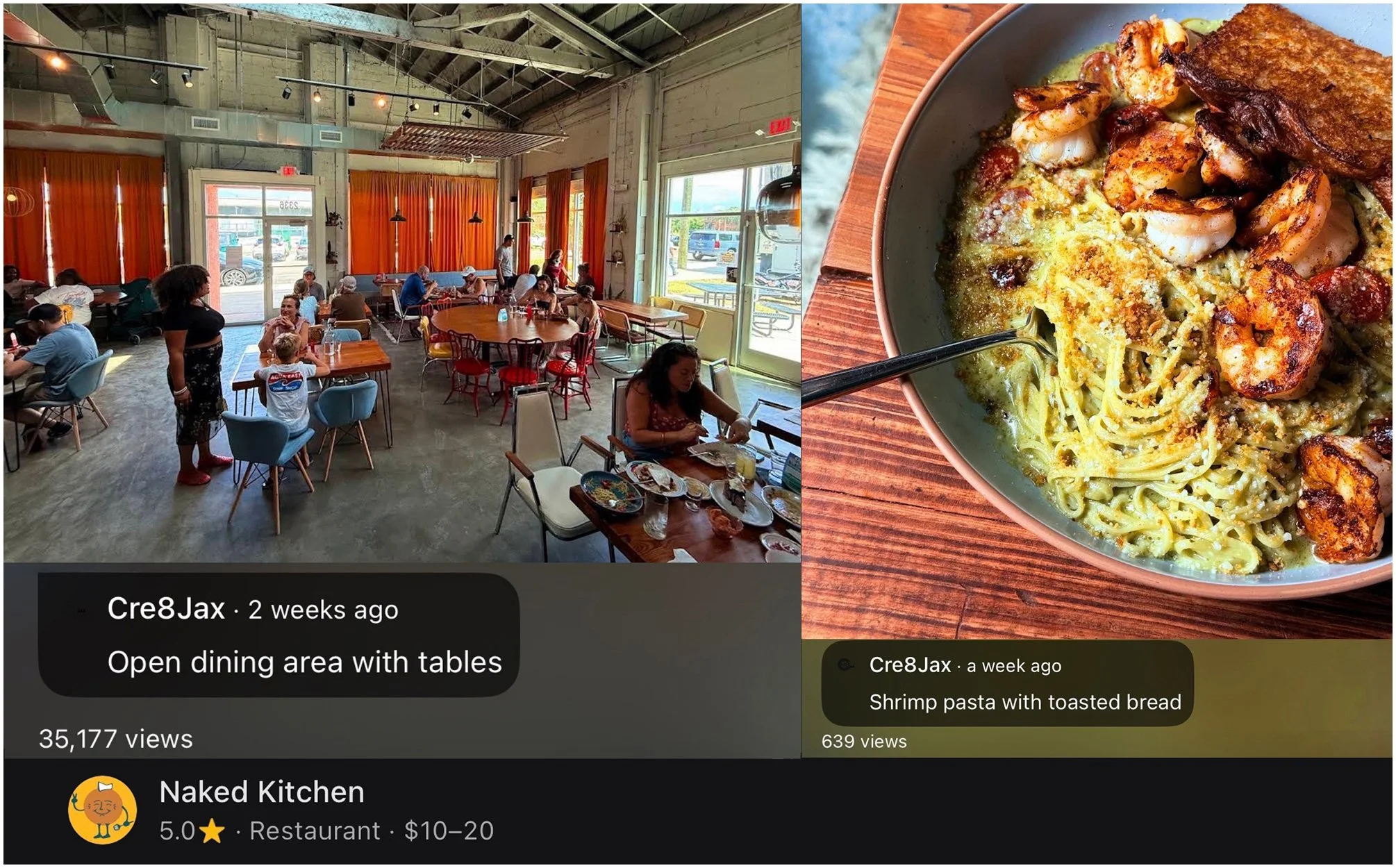Google Business Profile photo views for Naked Kitchen: the open dining room has 35,177 views, the shrimp pasta 639.