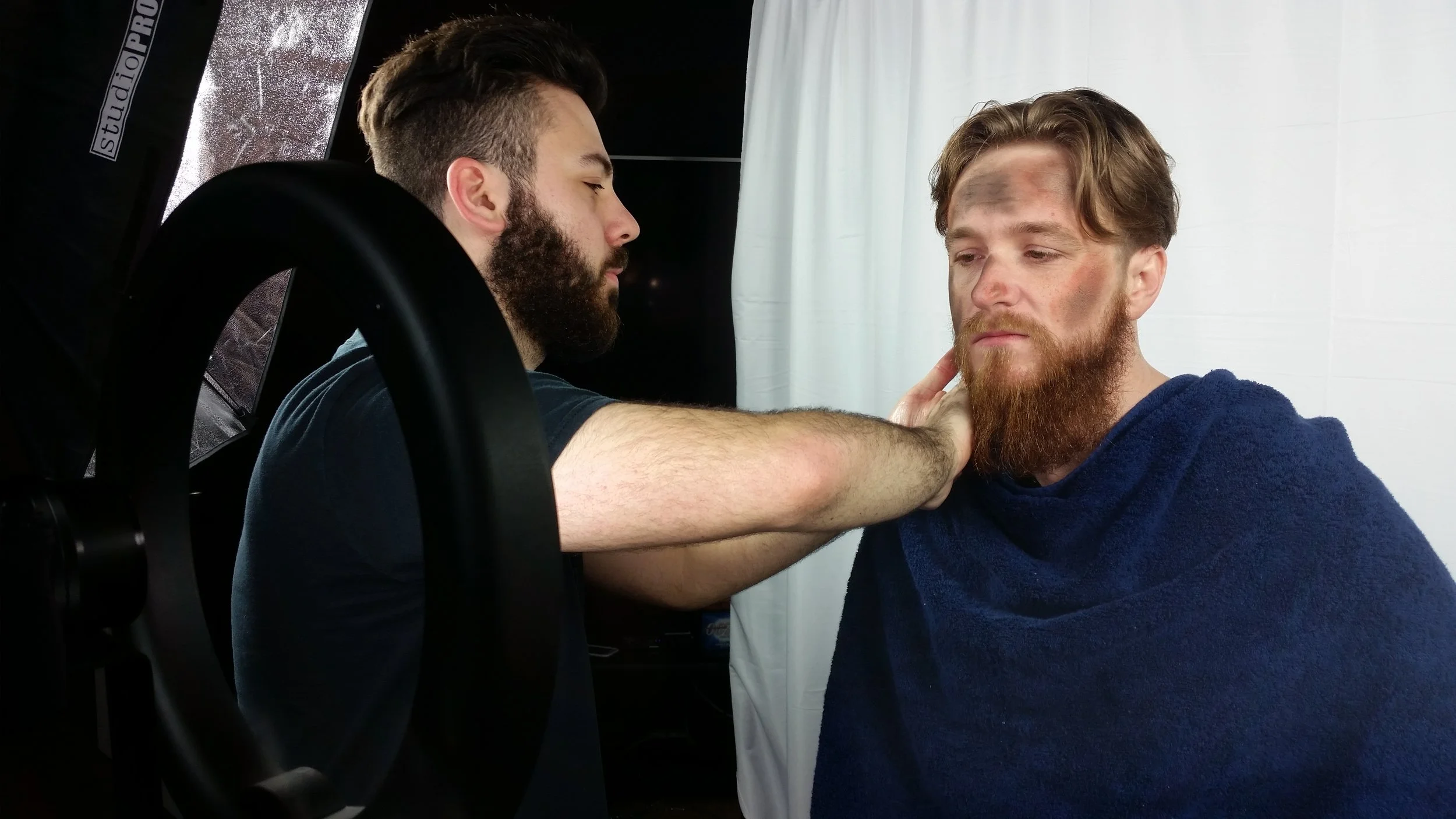 Preparing our model for the Bearded Brethren shoot.