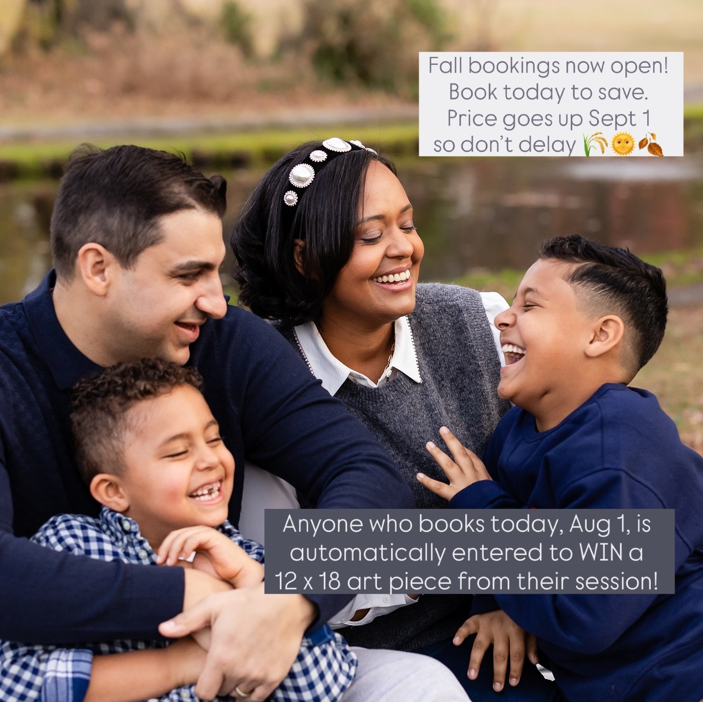 🌞 Grab your fall photo session @livelovelens TODAY AUGUST 1 and be automatically entered to win a 12x18 photo art piece from your session 🌞

🍁Save now - fee goes up September 1! 

🌞 Thank you to those who have grabbed a fall photo session already
