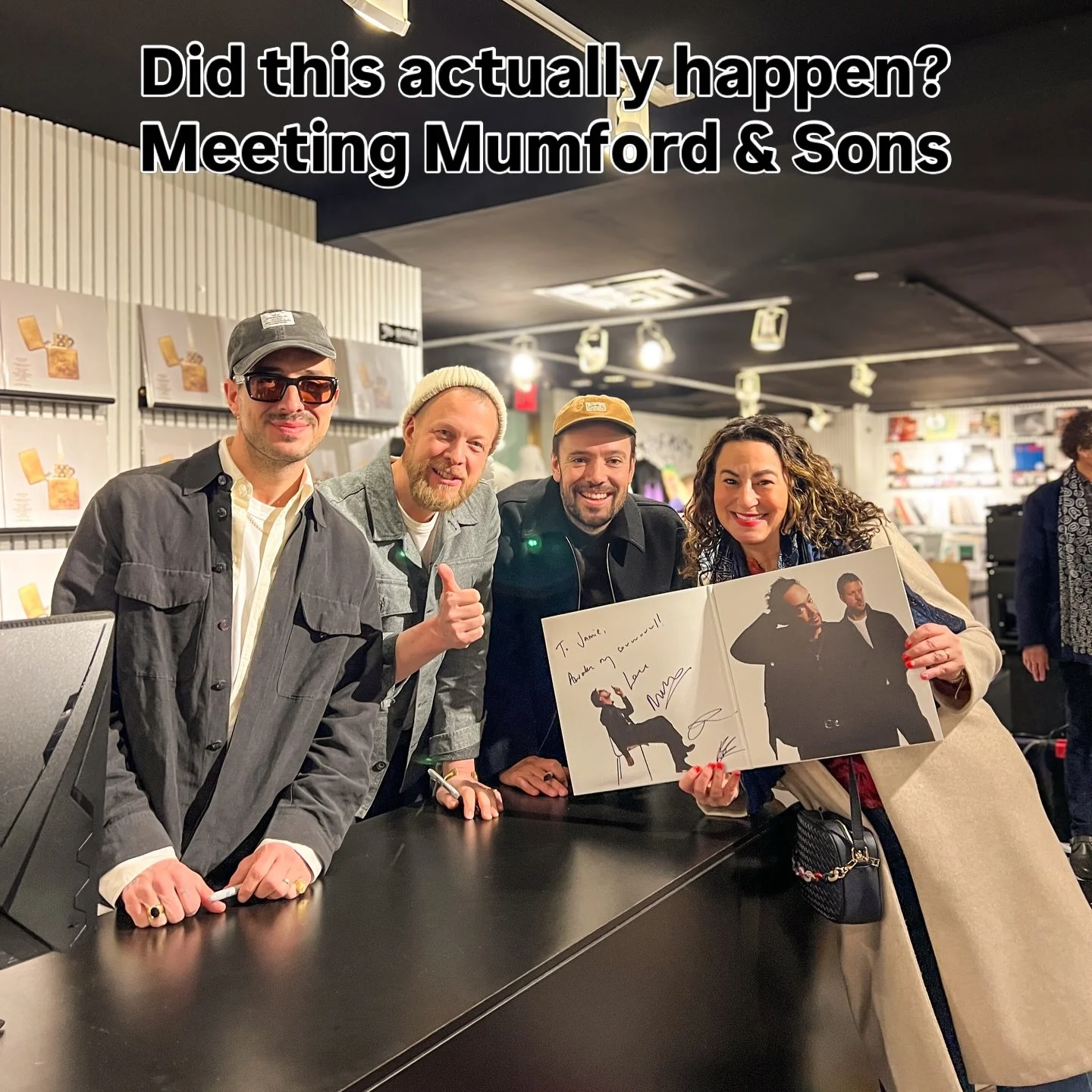 I believed this would happen and it freaking did!!!
I met my favorite musicians Mumford &amp; Sons @mumfordandsons tonight at an album signing @roughtradenyc. Dream COME TRUE. 💫 i&rsquo;m actually still not sure if this really happened&hellip;

A co